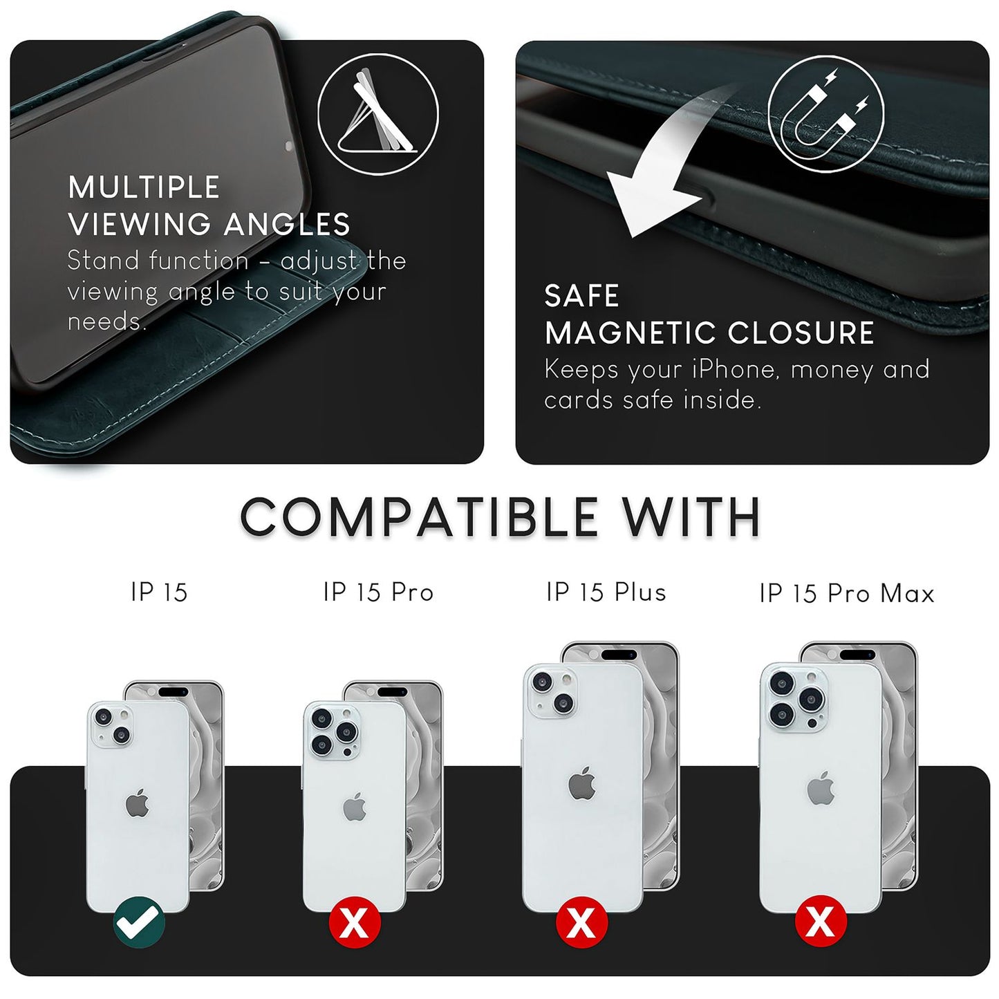 Husă NALIA din piele naturală pentru iPhone 15 - Suport cu protecție RFID, piele de vacă