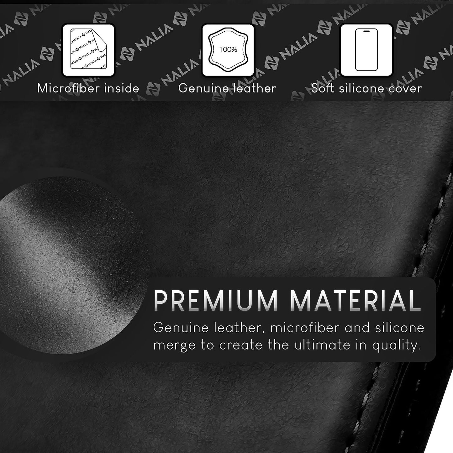 Husă NALIA din piele naturală pentru iPhone 15 - Suport cu protecție RFID, piele de vacă