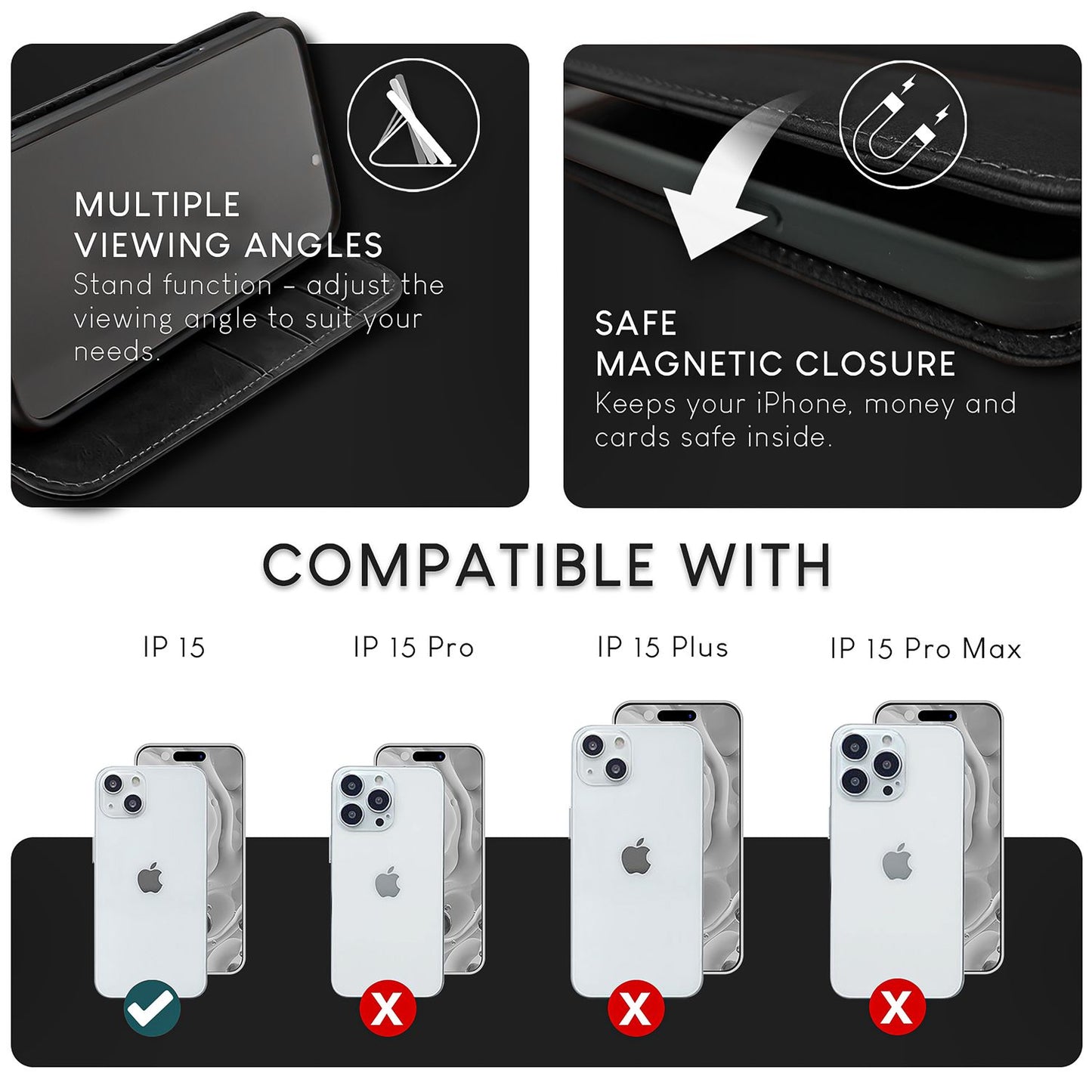 Husă NALIA din piele naturală pentru iPhone 15 - Suport cu protecție RFID, piele de vacă