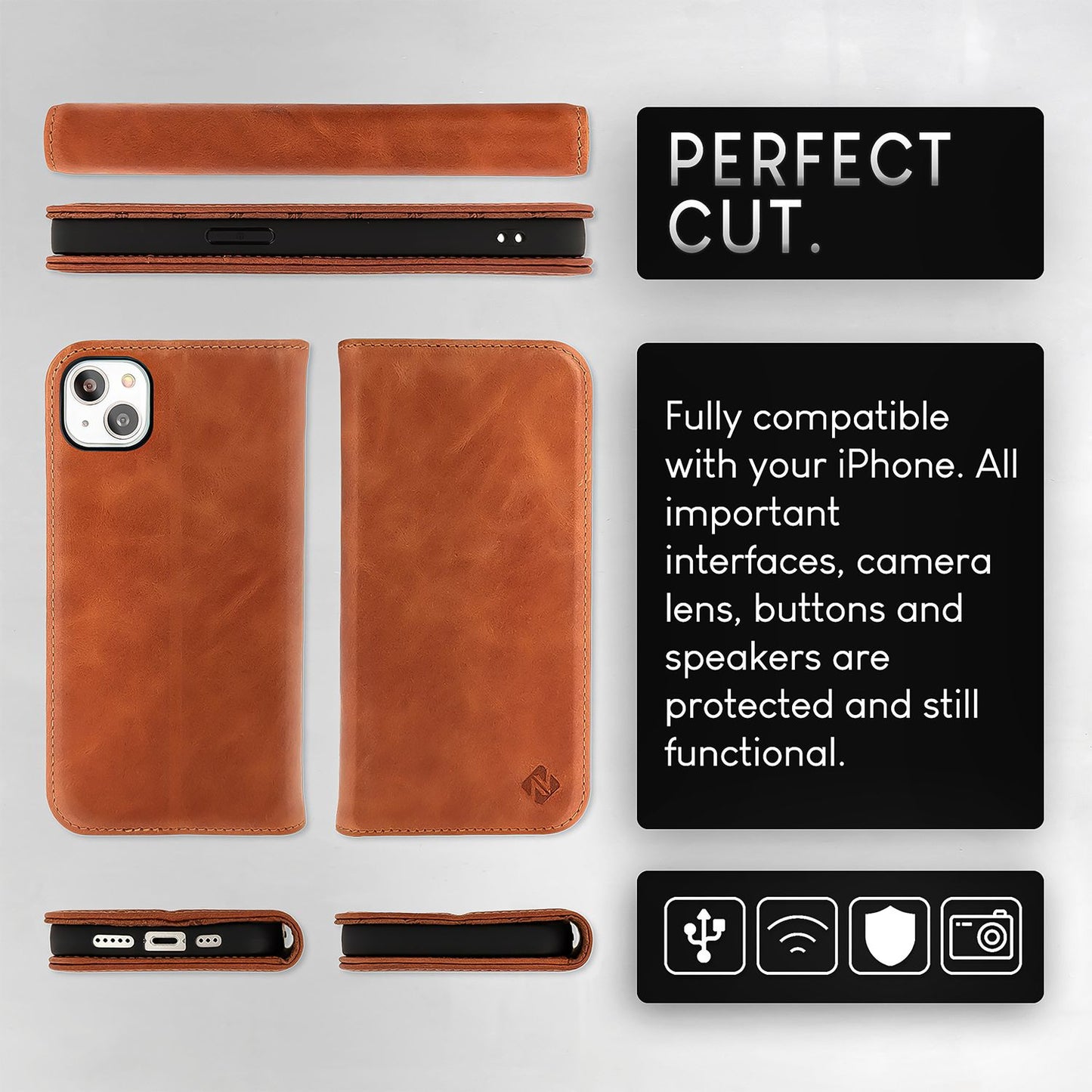 Husă NALIA din piele naturală cu flipcase Pro de lux pentru iPhone 15 Plus - Suport cu protecție RFID din piele de vacă