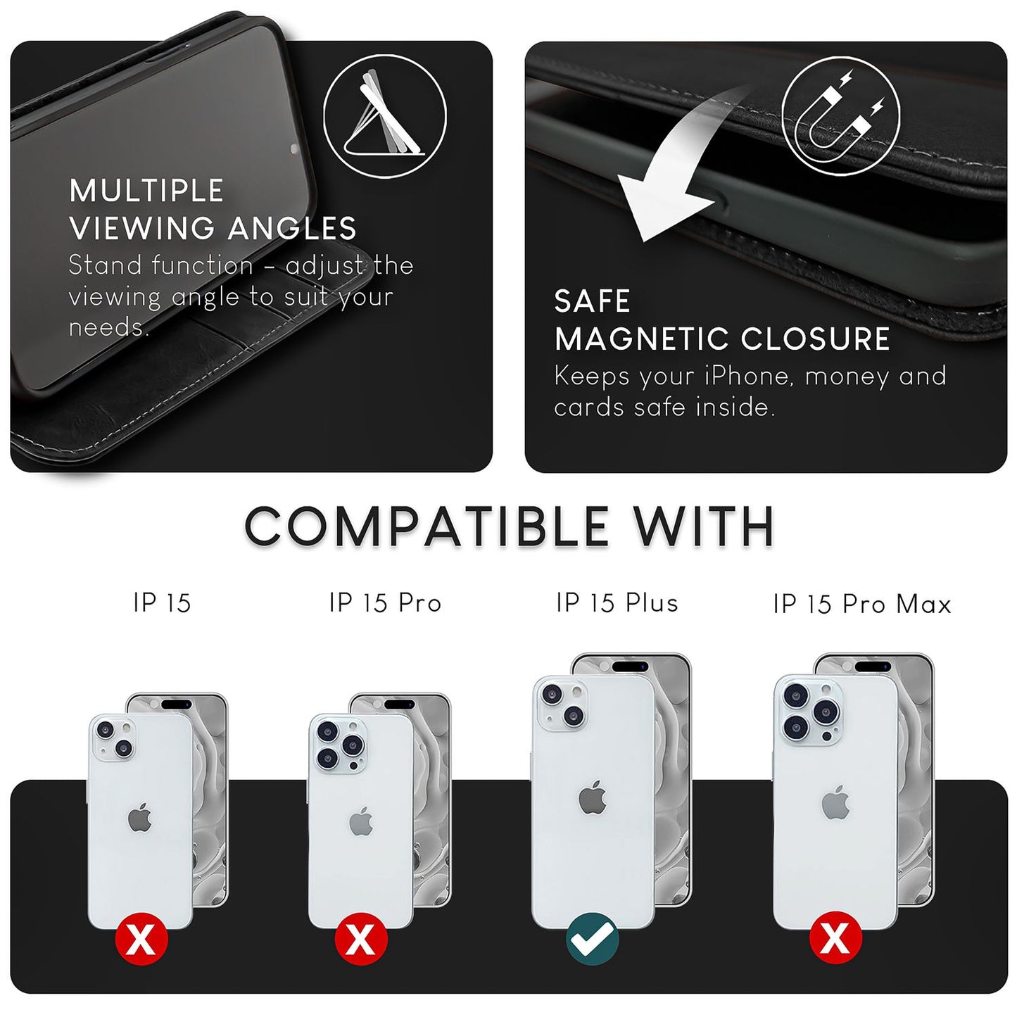 Husă NALIA din piele naturală cu flipcase Pro de lux pentru iPhone 15 Plus - Suport cu protecție RFID din piele de vacă