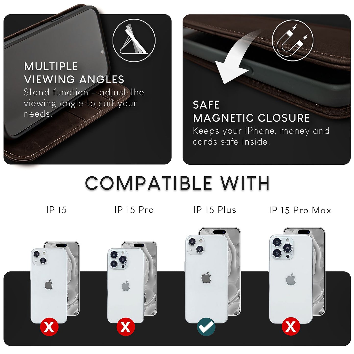 Husă NALIA din piele naturală cu flipcase Pro de lux pentru iPhone 15 Plus - Suport cu protecție RFID din piele de vacă