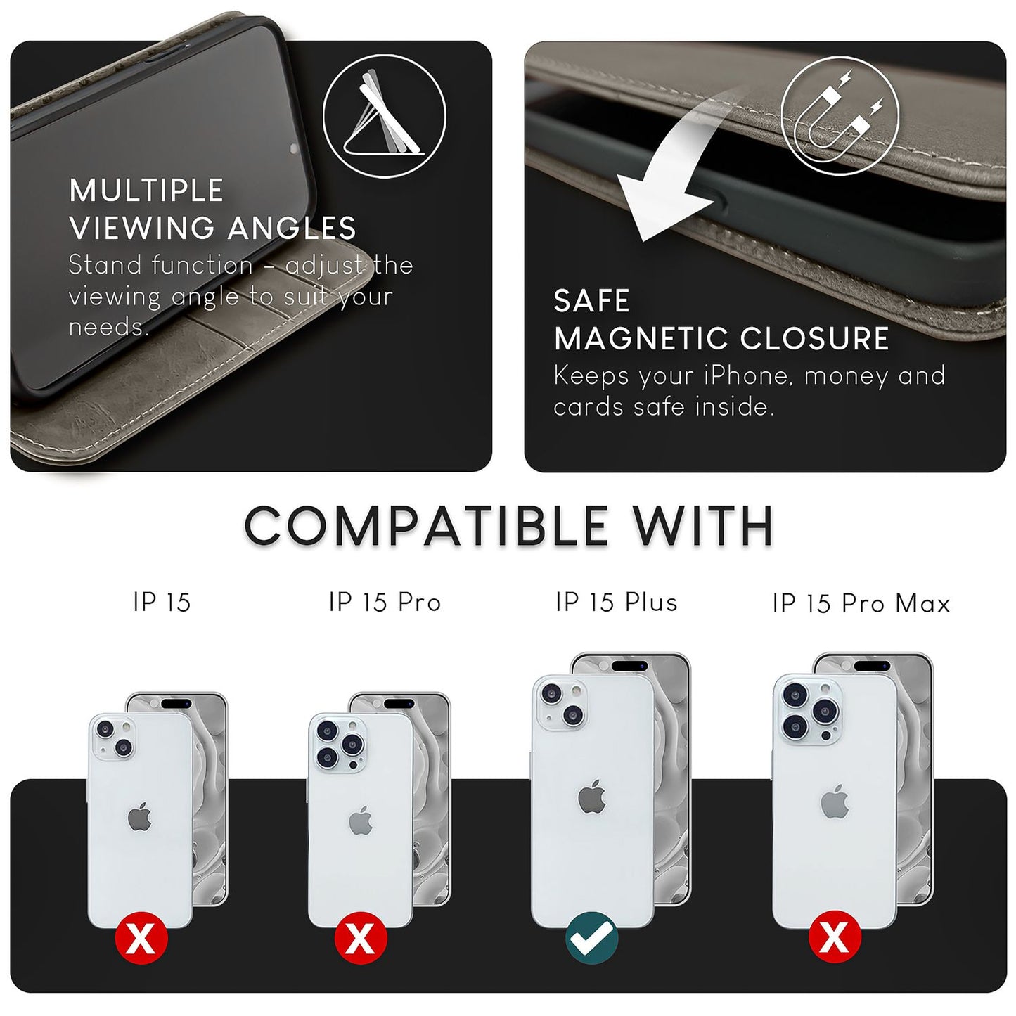 Husă NALIA din piele naturală cu flipcase Pro de lux pentru iPhone 15 Plus - Suport cu protecție RFID din piele de vacă