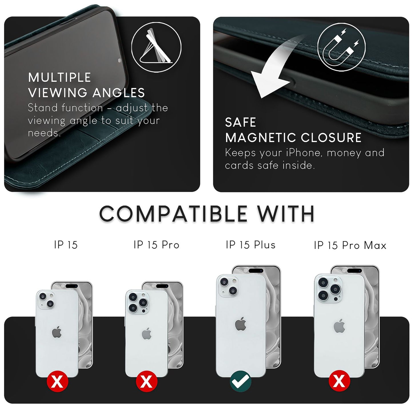 Husă NALIA din piele naturală cu flipcase Pro de lux pentru iPhone 15 Plus - Suport cu protecție RFID din piele de vacă