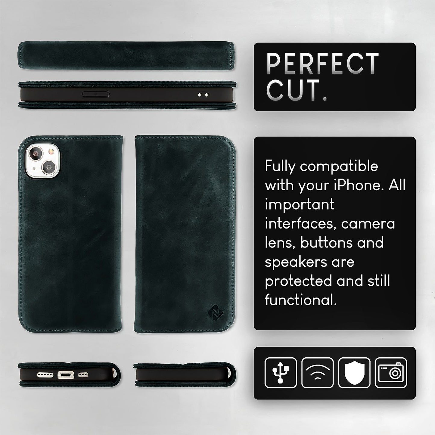 Husă NALIA din piele naturală cu flipcase Pro de lux pentru iPhone 15 Plus - Suport cu protecție RFID din piele de vacă