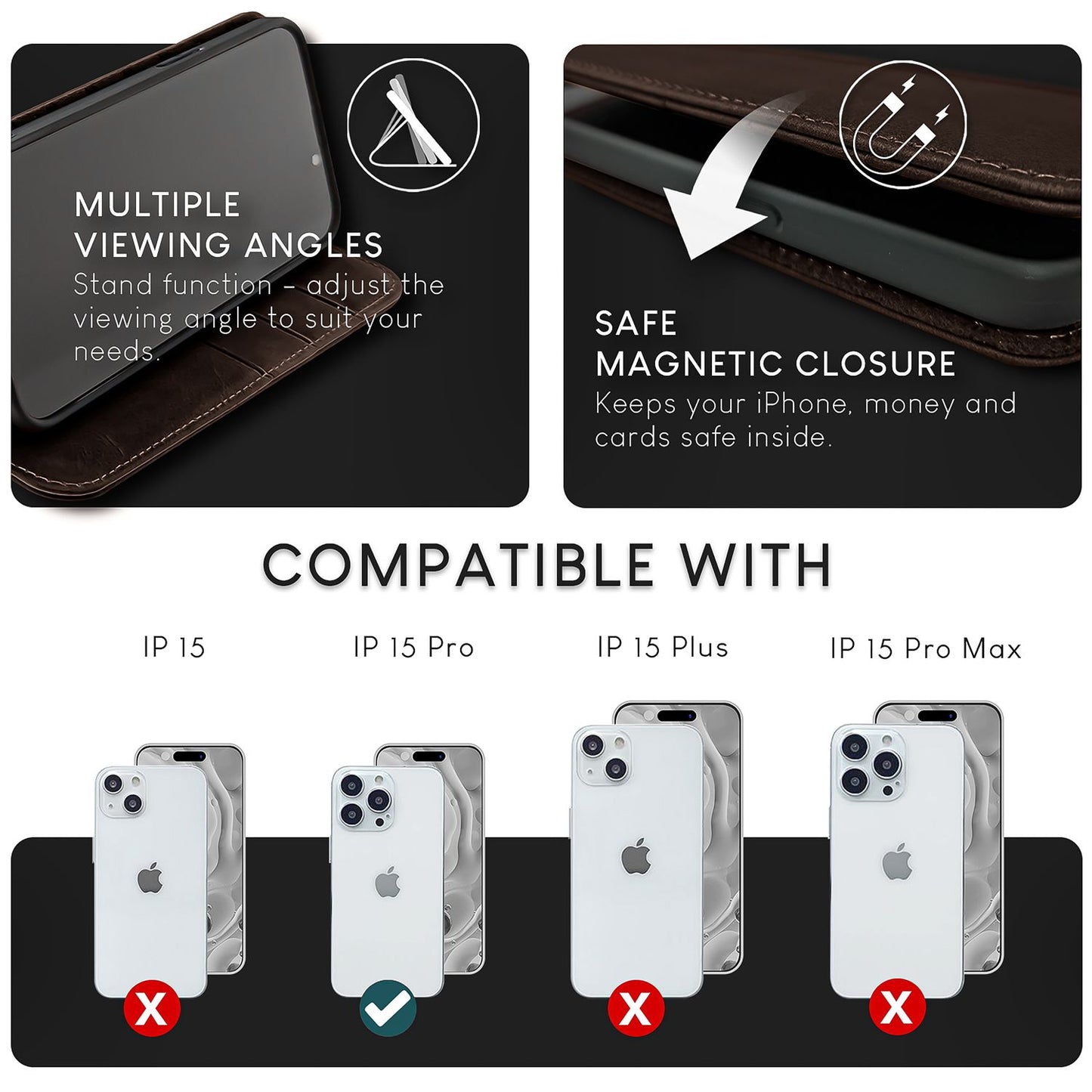 Husă NALIA din piele naturală cu clapă pentru iPhone 15 Pro, husă de protecție din piele de vacă cu protecție RFID, funcție de suport