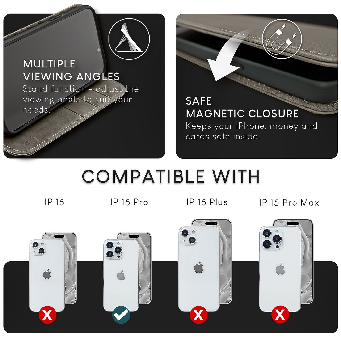 Husă NALIA din piele naturală cu clapă pentru iPhone 15 Pro, husă de protecție din piele de vacă cu protecție RFID, funcție de suport