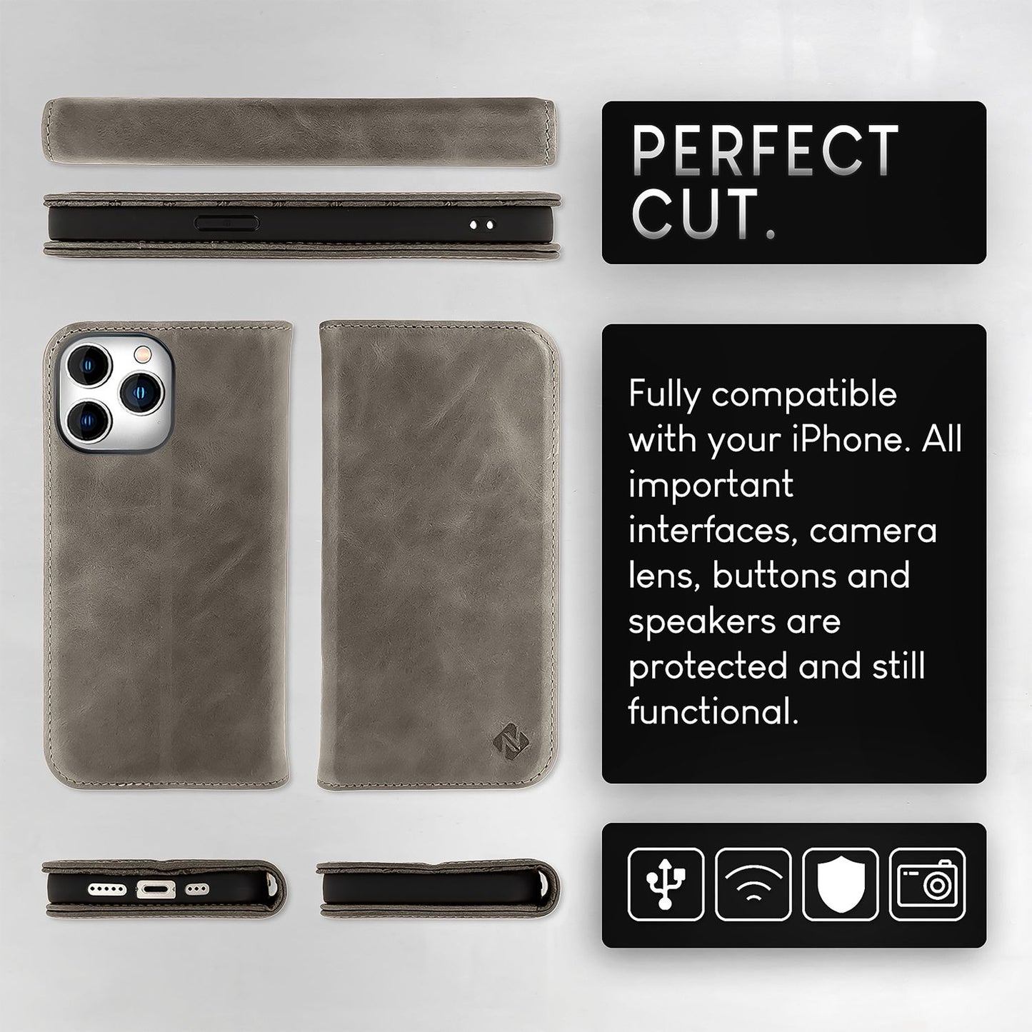 Husă NALIA din piele naturală cu clapă pentru iPhone 15 Pro, husă de protecție din piele de vacă cu protecție RFID, funcție de suport