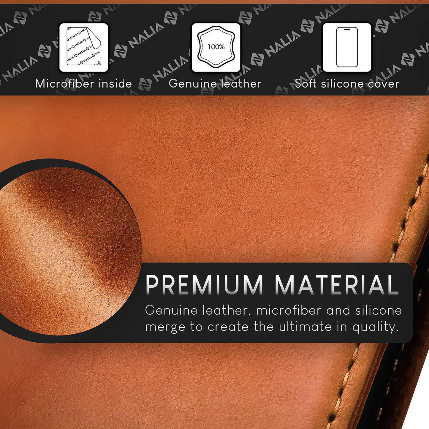 Husă NALIA din piele naturală cu clapă pentru iPhone 15 Pro, husă de protecție din piele de vacă cu protecție RFID, funcție de suport