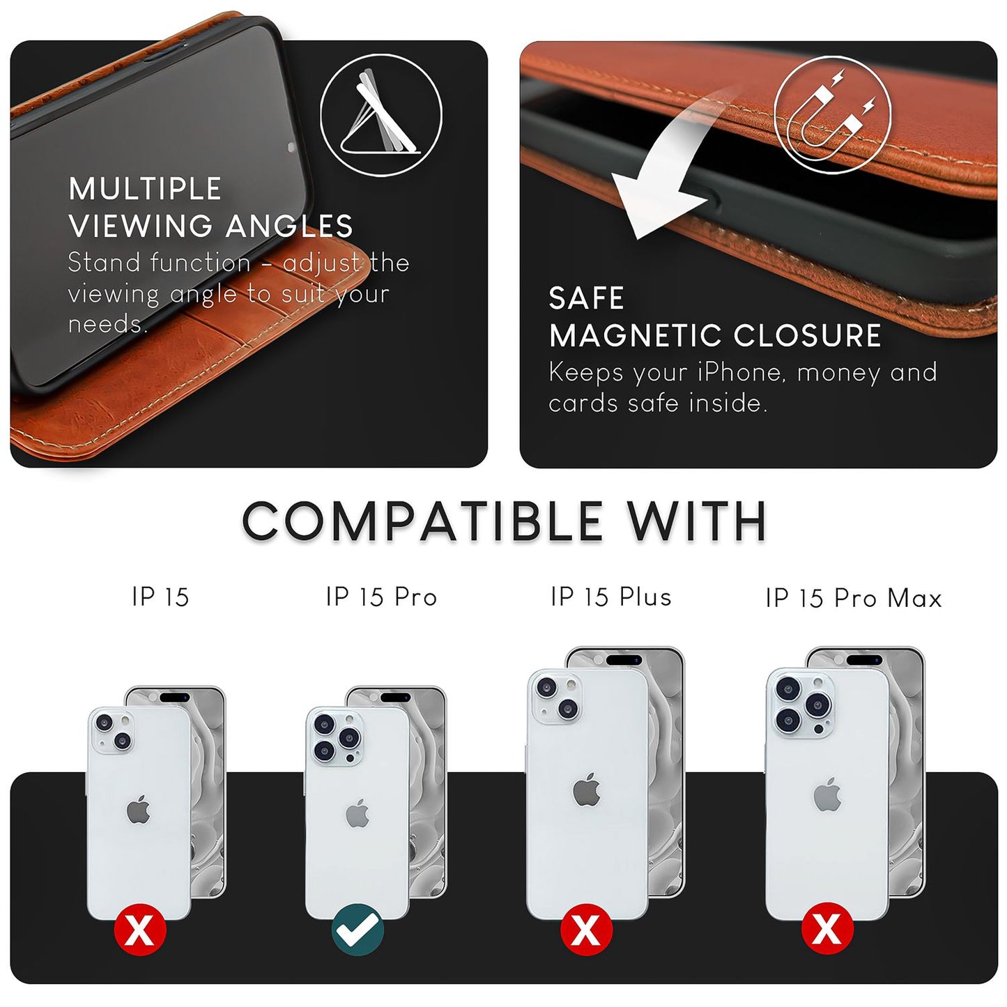 Husă NALIA din piele naturală cu clapă pentru iPhone 15 Pro, husă de protecție din piele de vacă cu protecție RFID, funcție de suport