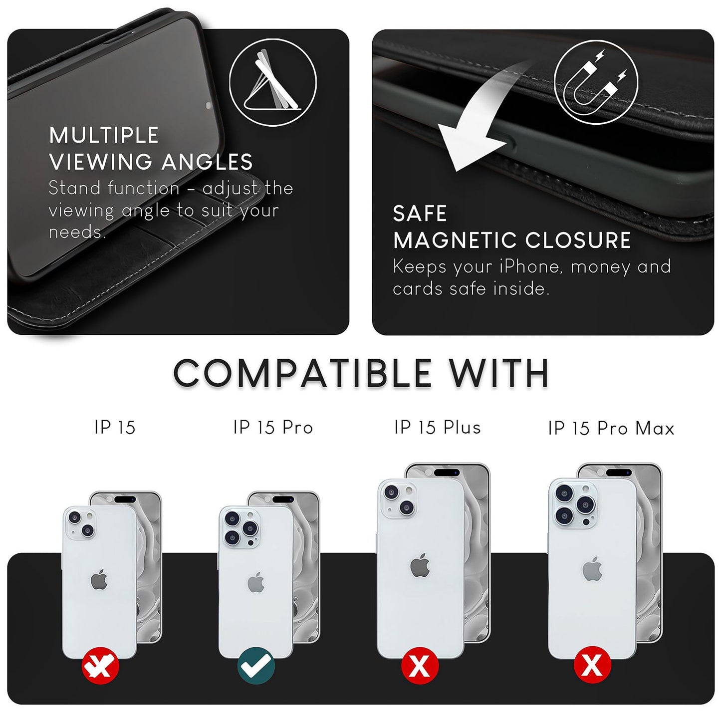 Husă NALIA din piele naturală cu clapă pentru iPhone 15 Pro, husă de protecție din piele de vacă cu protecție RFID, funcție de suport