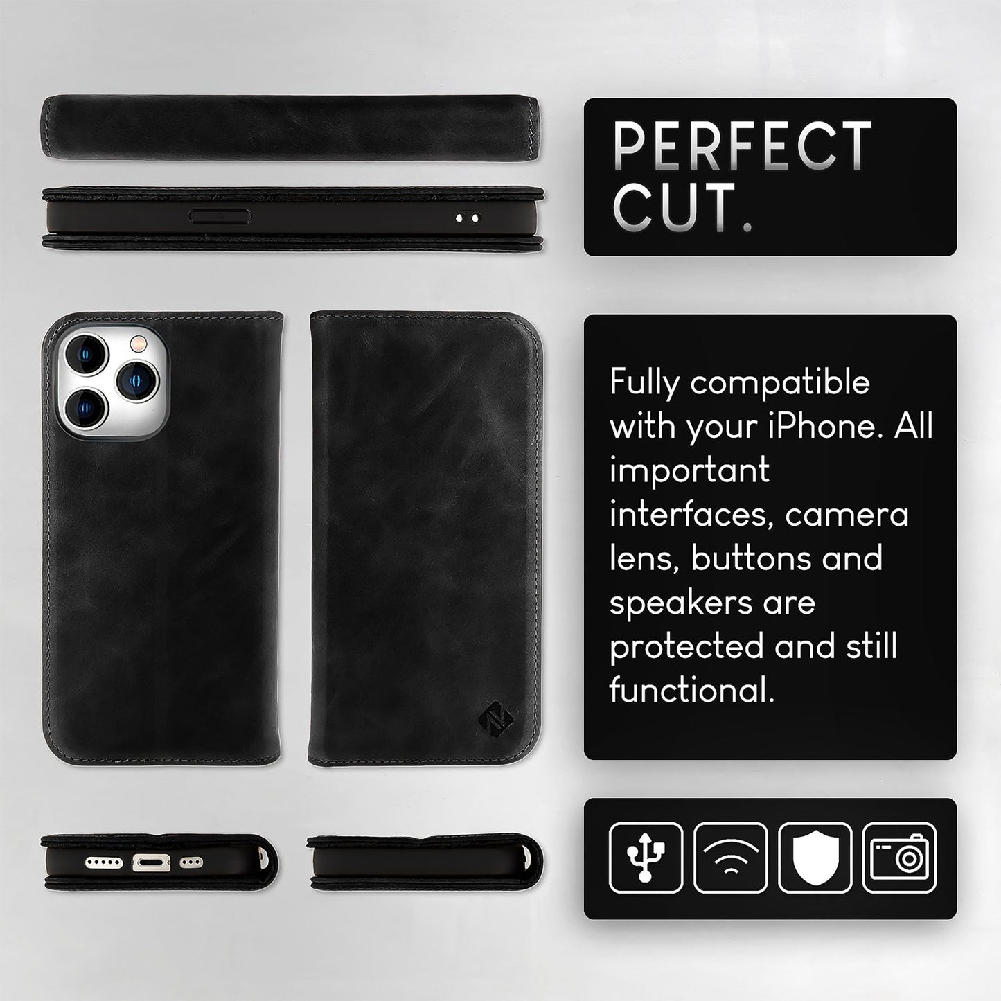 Husă NALIA din piele naturală cu clapă pentru iPhone 15 Pro, husă de protecție din piele de vacă cu protecție RFID, funcție de suport