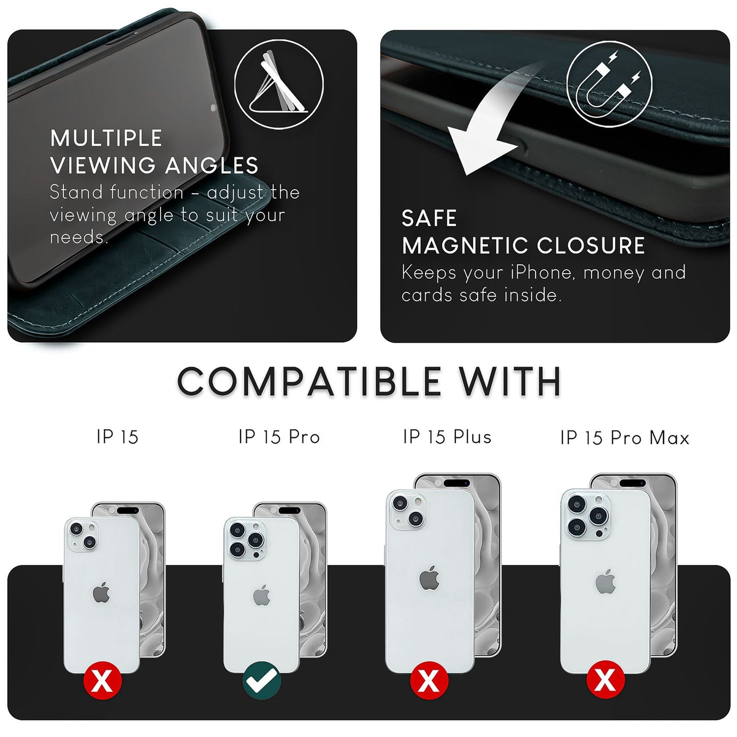 Husă NALIA din piele naturală cu clapă pentru iPhone 15 Pro, husă de protecție din piele de vacă cu protecție RFID, funcție de suport