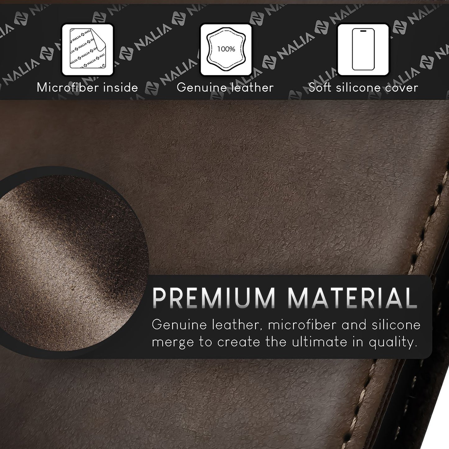 Husă NALIA din piele naturală cu clapă - Capacitate card 6, Protecție RFID, Compatibilă cu iPhone 15 Pro Max