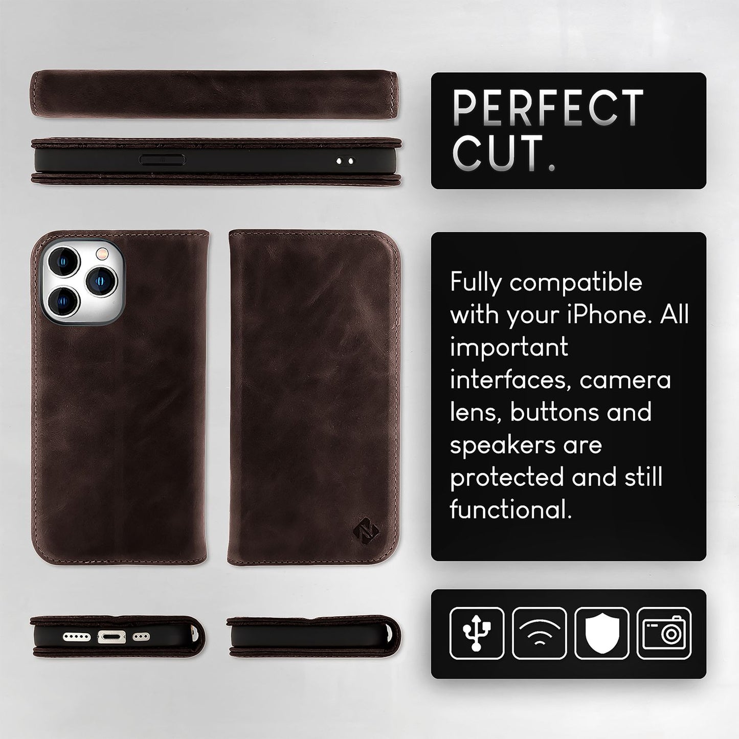 Husă NALIA din piele naturală cu clapă - Capacitate card 6, Protecție RFID, Compatibilă cu iPhone 15 Pro Max