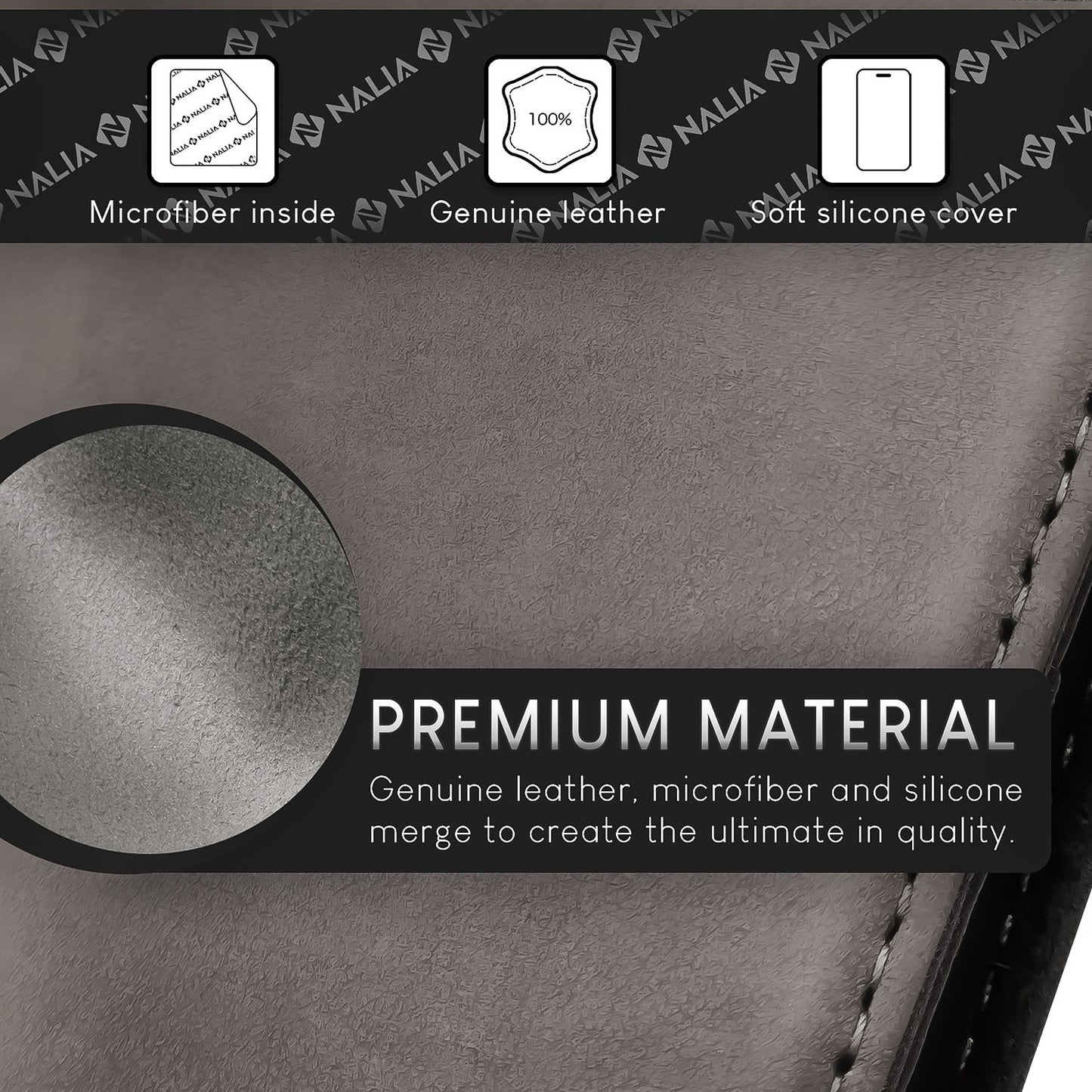 Husă NALIA din piele naturală cu clapă - Capacitate card 6, Protecție RFID, Compatibilă cu iPhone 15 Pro Max