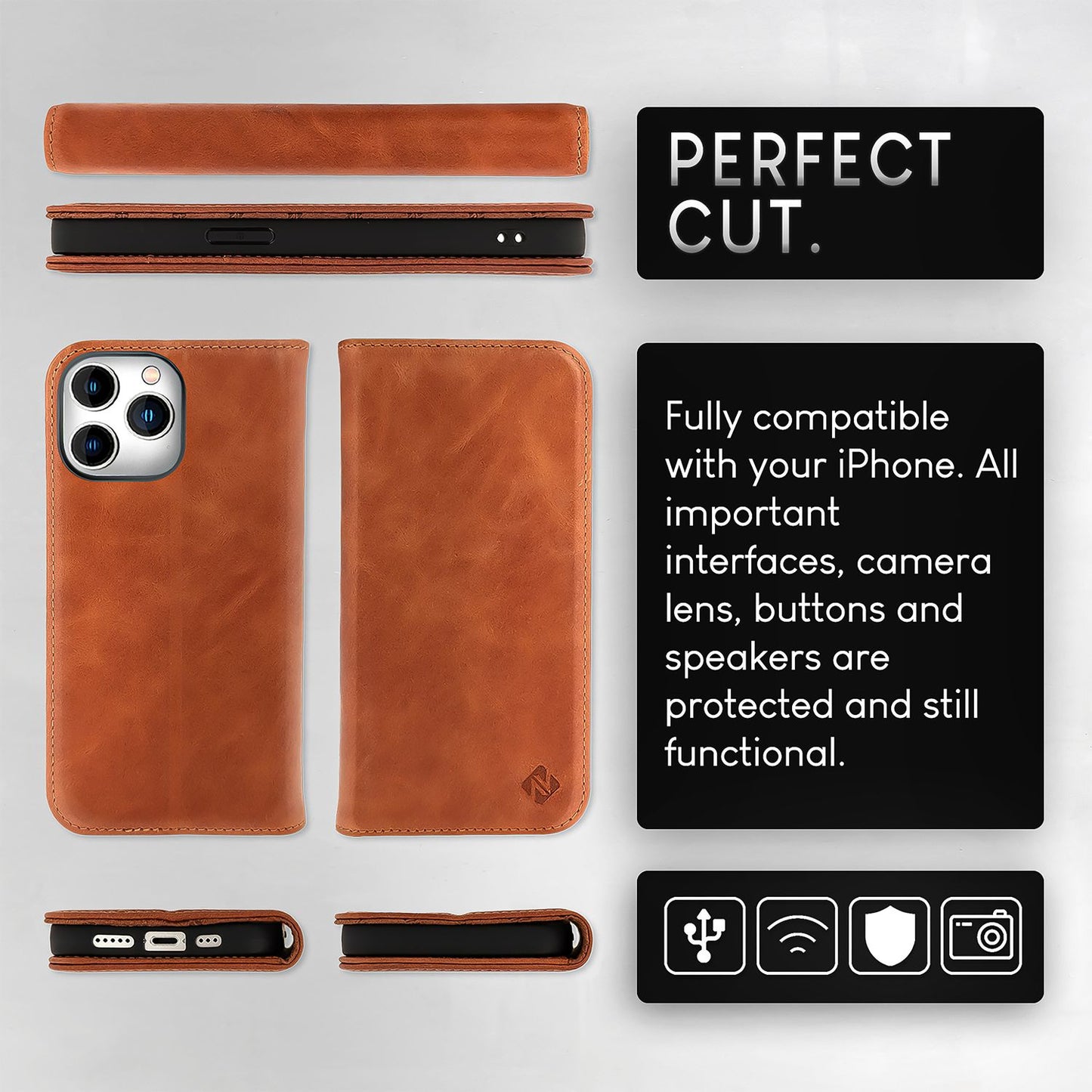 Husă NALIA din piele naturală cu clapă - Capacitate card 6, Protecție RFID, Compatibilă cu iPhone 15 Pro Max