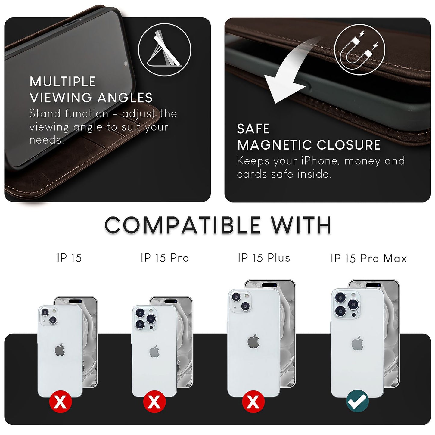 Husă NALIA din piele naturală cu clapă - Capacitate card 6, Protecție RFID, Compatibilă cu iPhone 15 Pro Max