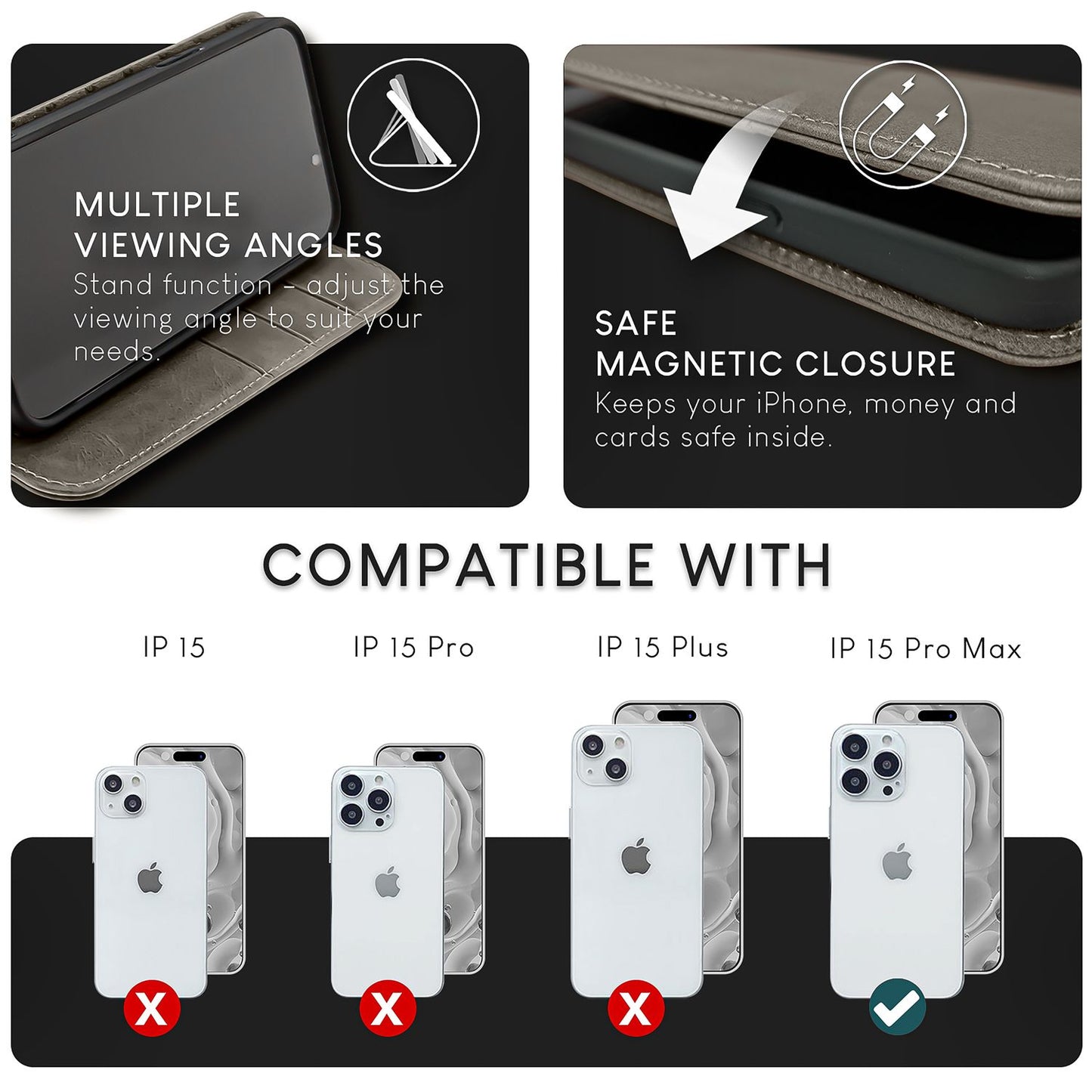 Husă NALIA din piele naturală cu clapă - Capacitate card 6, Protecție RFID, Compatibilă cu iPhone 15 Pro Max