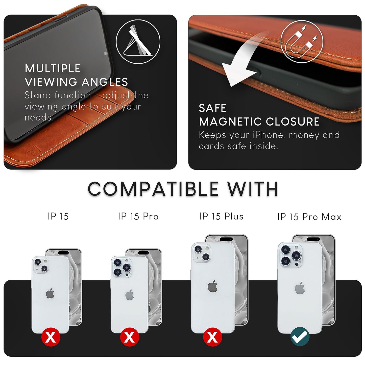 Husă NALIA din piele naturală cu clapă - Capacitate card 6, Protecție RFID, Compatibilă cu iPhone 15 Pro Max