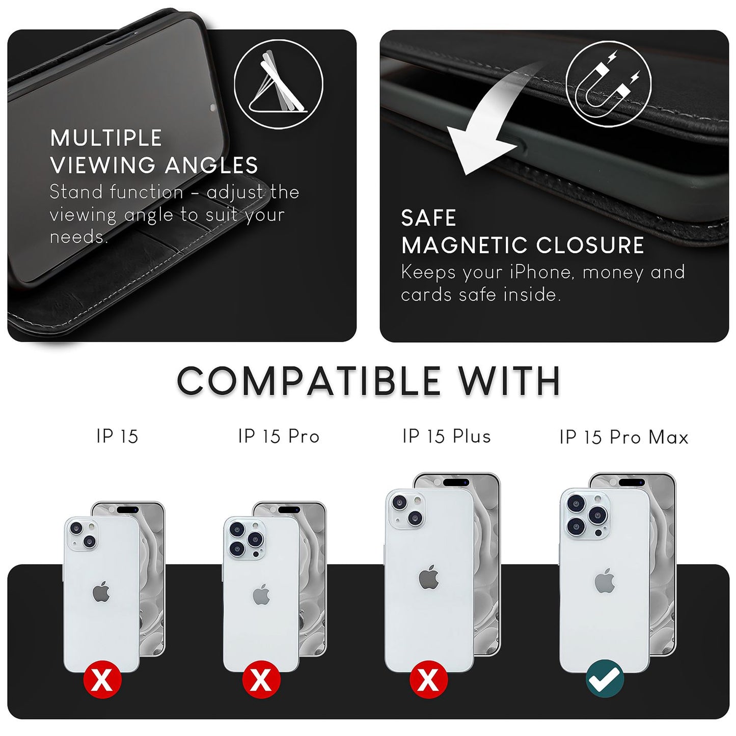 Husă NALIA din piele naturală cu clapă - Capacitate card 6, Protecție RFID, Compatibilă cu iPhone 15 Pro Max