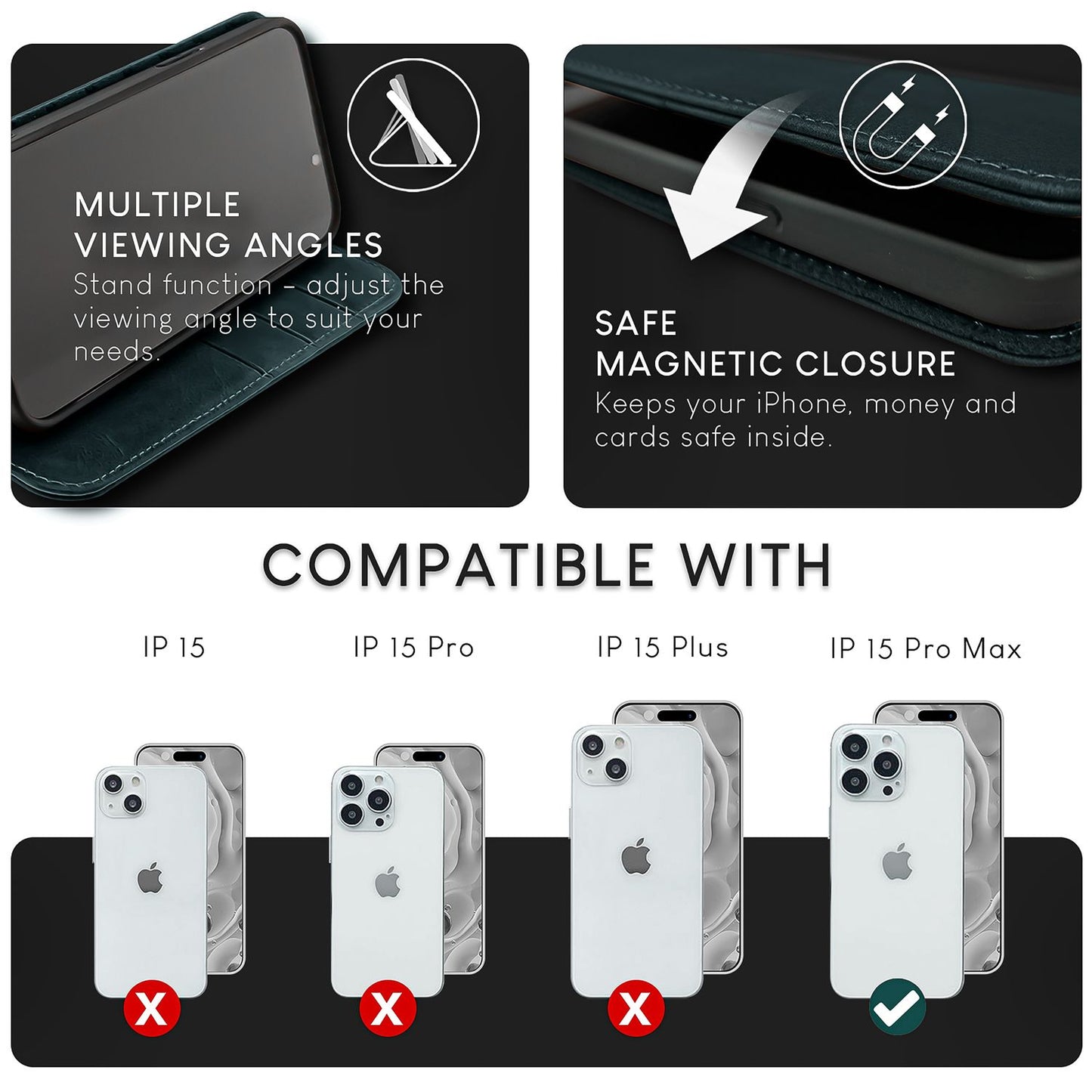 Husă NALIA din piele naturală cu clapă - Capacitate card 6, Protecție RFID, Compatibilă cu iPhone 15 Pro Max