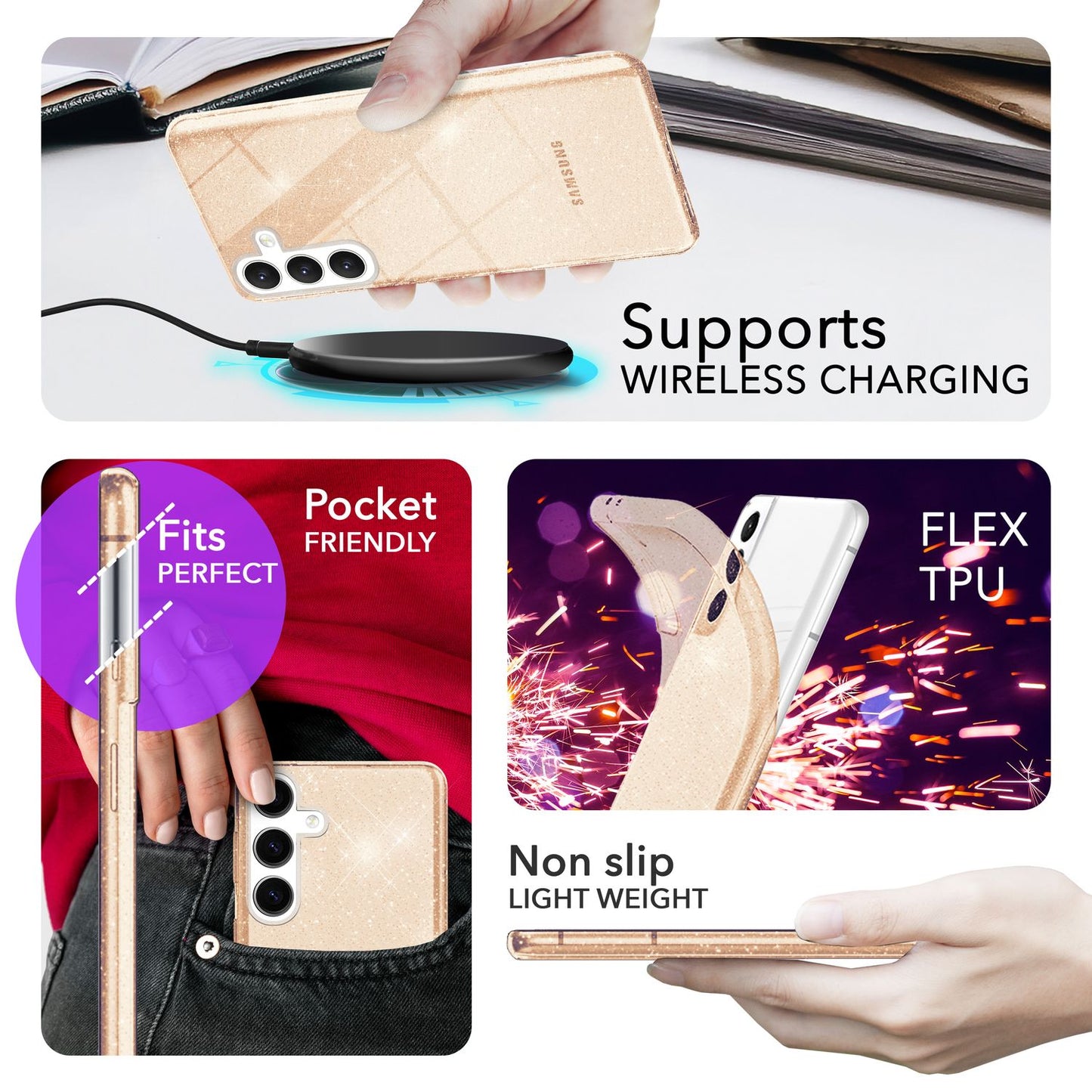 NALIA Glitzernde Schutzhülle für Samsung Galaxy S24 Hülle, Durchsichtige Silikon Handyhülle, Glitzerhülle