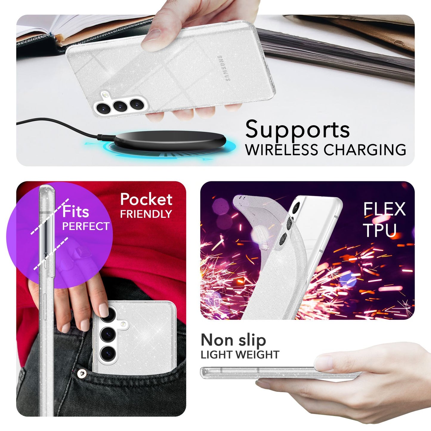 NALIA Glitzernde Schutzhülle für Samsung Galaxy S24 Hülle, Durchsichtige Silikon Handyhülle, Glitzerhülle