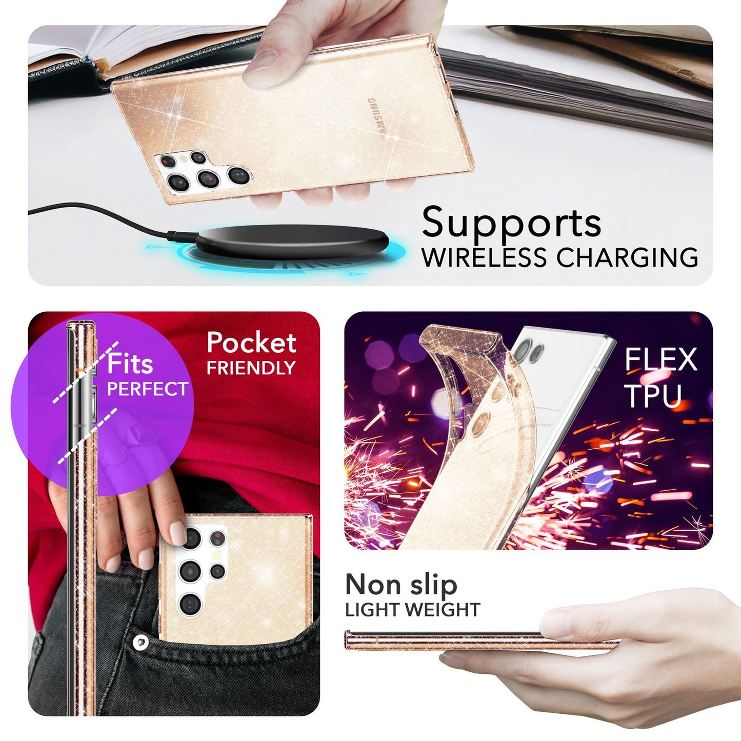 NALIA Glitzernde Schutzhülle für Samsung Galaxy S24 Ultra Hülle, Durchsichtige Silikon Handyhülle mit Diamant Pailletten