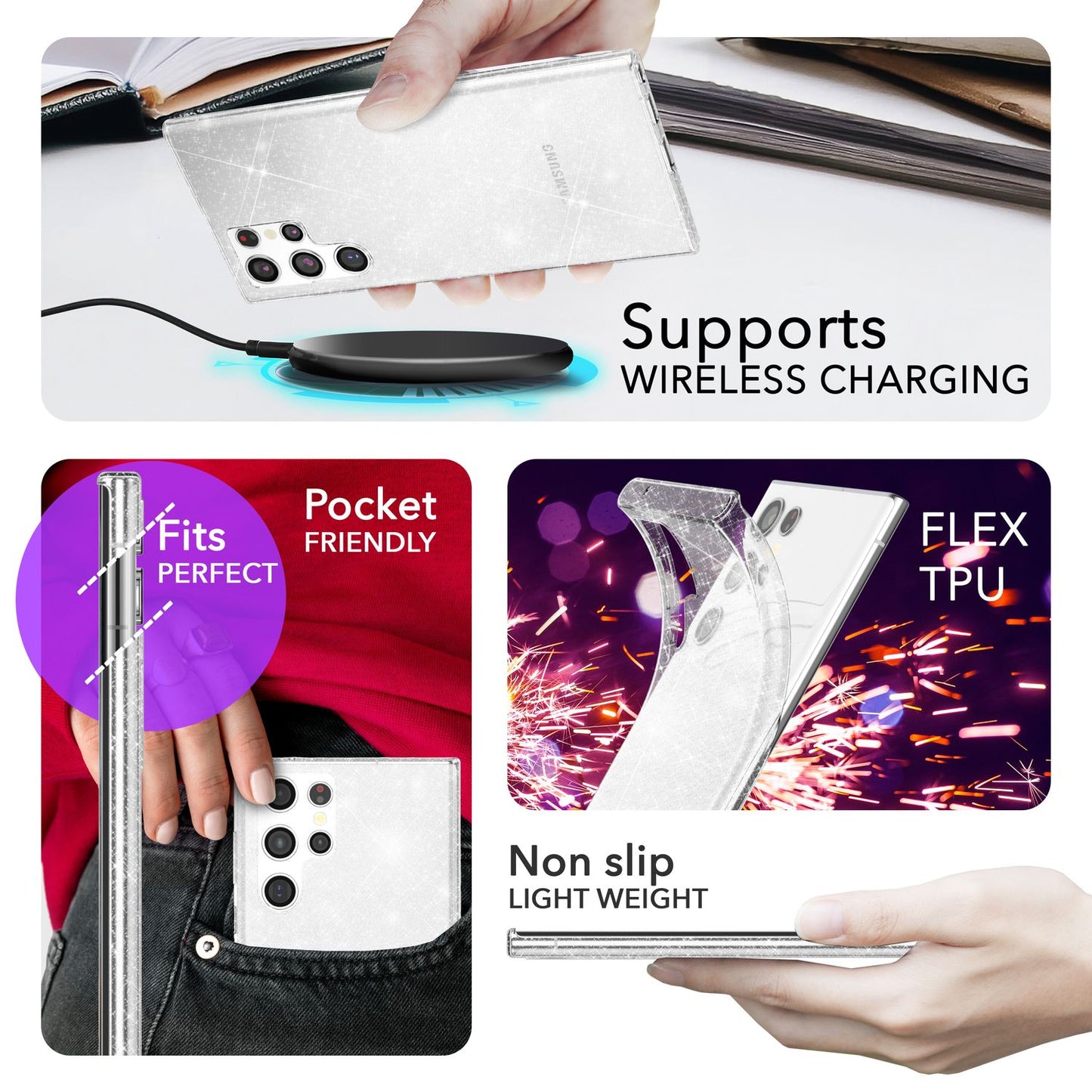 NALIA Glitzernde Schutzhülle für Samsung Galaxy S24 Ultra Hülle, Durchsichtige Silikon Handyhülle mit Diamant Pailletten