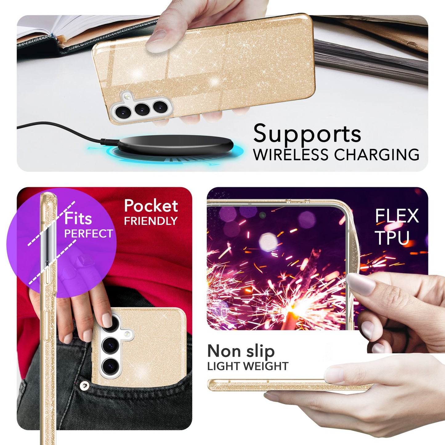 NALIA Hybrid Glitzerhülle für Samsung Galaxy S24 Hülle, Glänzende Glamour Glitzer Schutzhülle mit verstärktem Silikon