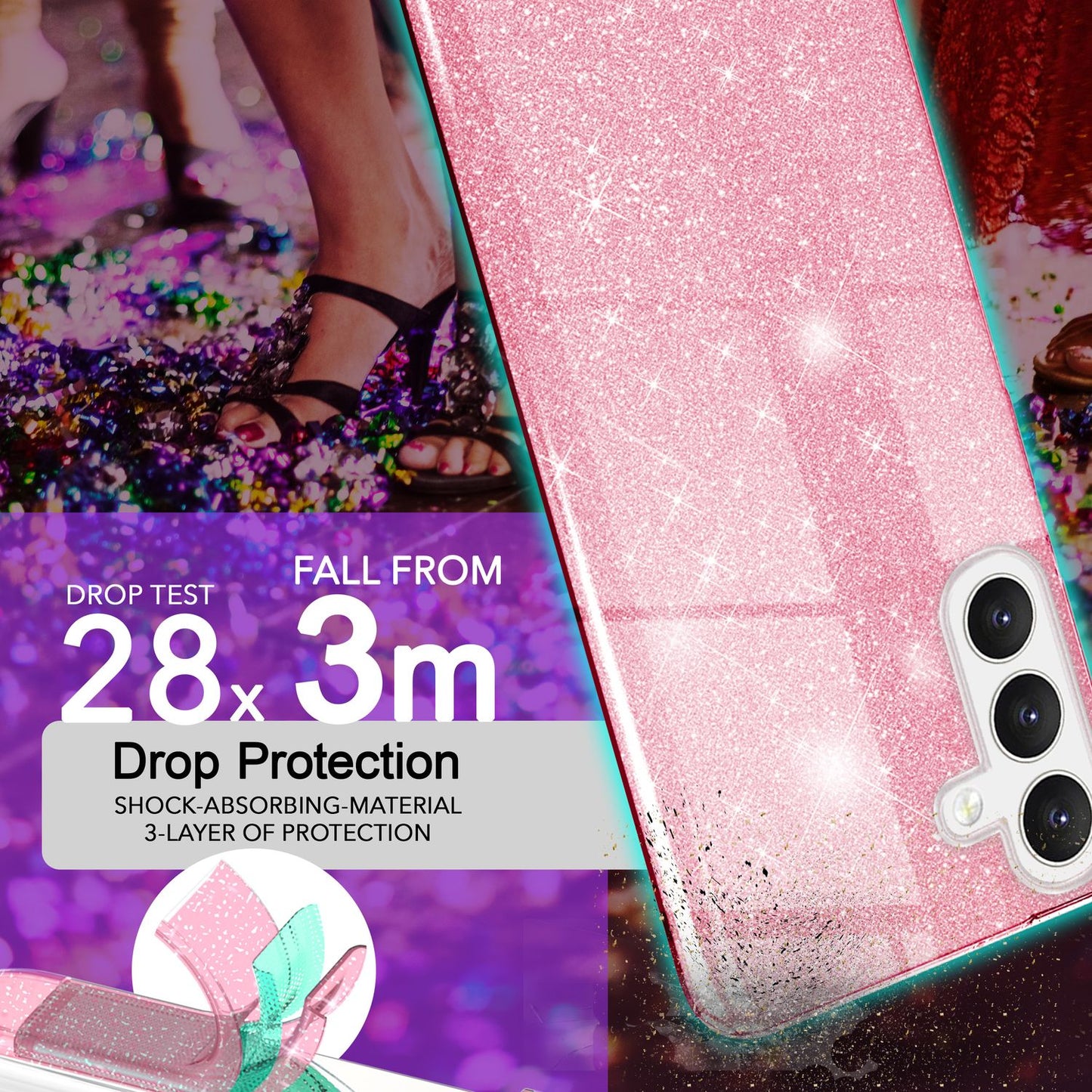 NALIA Hybrid Glitzerhülle für Samsung Galaxy S24 Hülle, Glänzende Glamour Glitzer Schutzhülle mit verstärktem Silikon