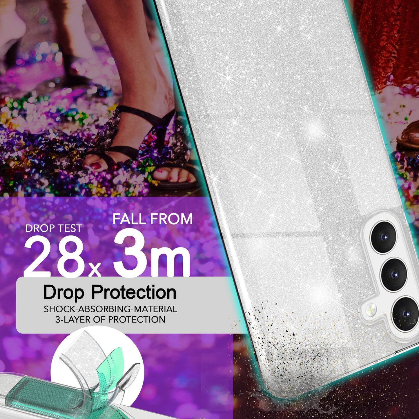 NALIA Hybrid Glitzerhülle für Samsung Galaxy S24 Hülle, Glänzende Glamour Glitzer Schutzhülle mit verstärktem Silikon
