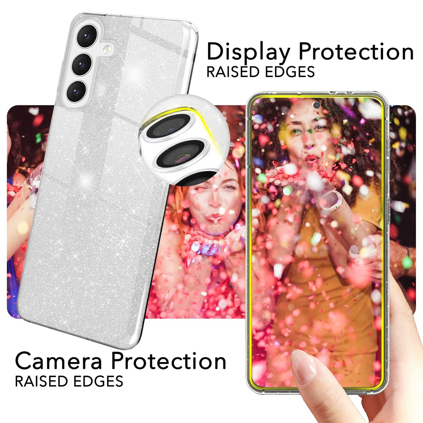 NALIA Hybrid Glitzerhülle für Samsung Galaxy S24 Hülle, Glänzende Glamour Glitzer Schutzhülle mit verstärktem Silikon