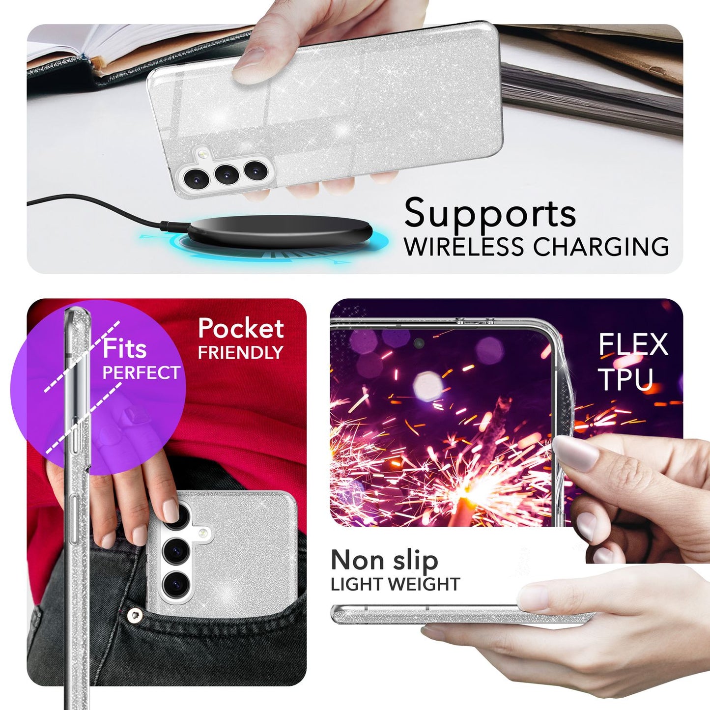 NALIA Hybrid Glitzerhülle für Samsung Galaxy S24 Hülle, Glänzende Glamour Glitzer Schutzhülle mit verstärktem Silikon