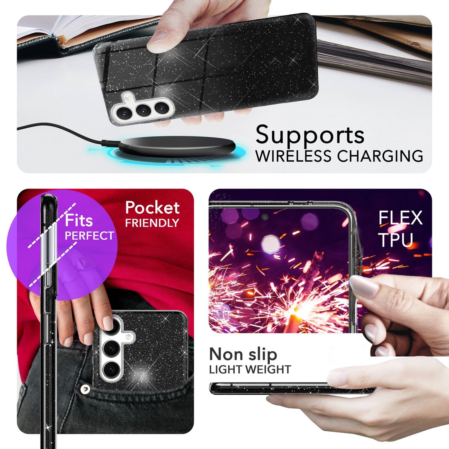 NALIA Hybrid Glitzerhülle für Samsung Galaxy S24 Plus Hülle, Glänzende Glitzer Schutzhülle mit verstärktem Silikon