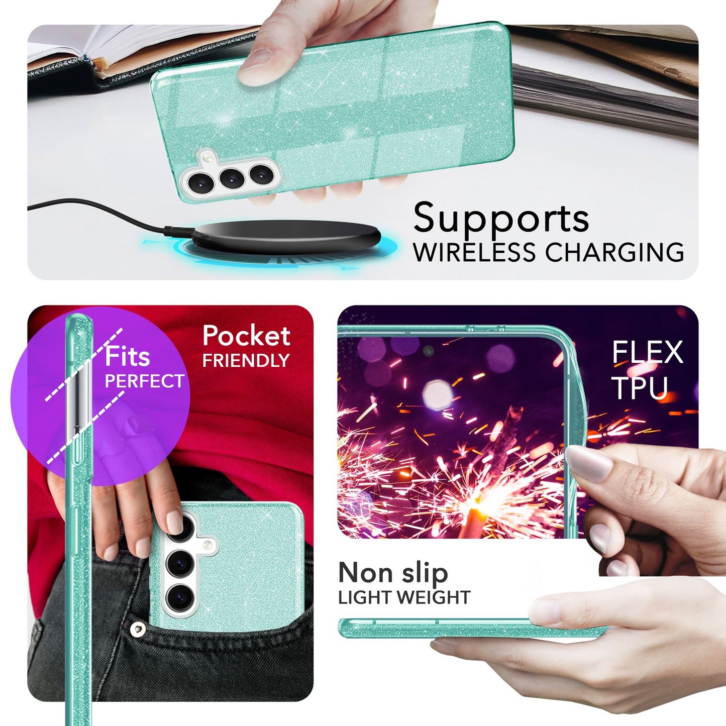 NALIA Hybrid Glitzerhülle für Samsung Galaxy S24 Plus Hülle, Glänzende Glitzer Schutzhülle mit verstärktem Silikon