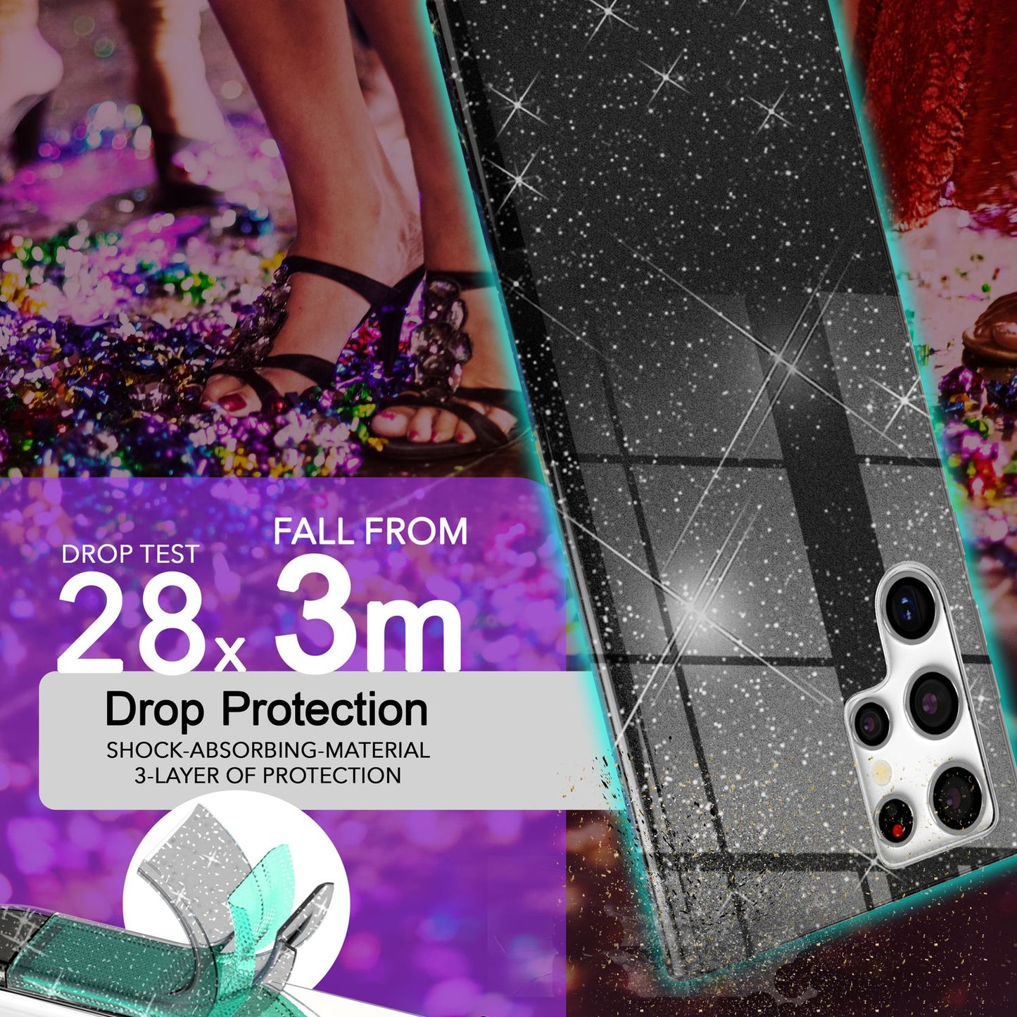 NALIA Hybrid Glitzerhülle für Samsung Galaxy S24 Ultra Hülle, Glänzende Glitzer Schutzhülle mit verstärktem Silikon