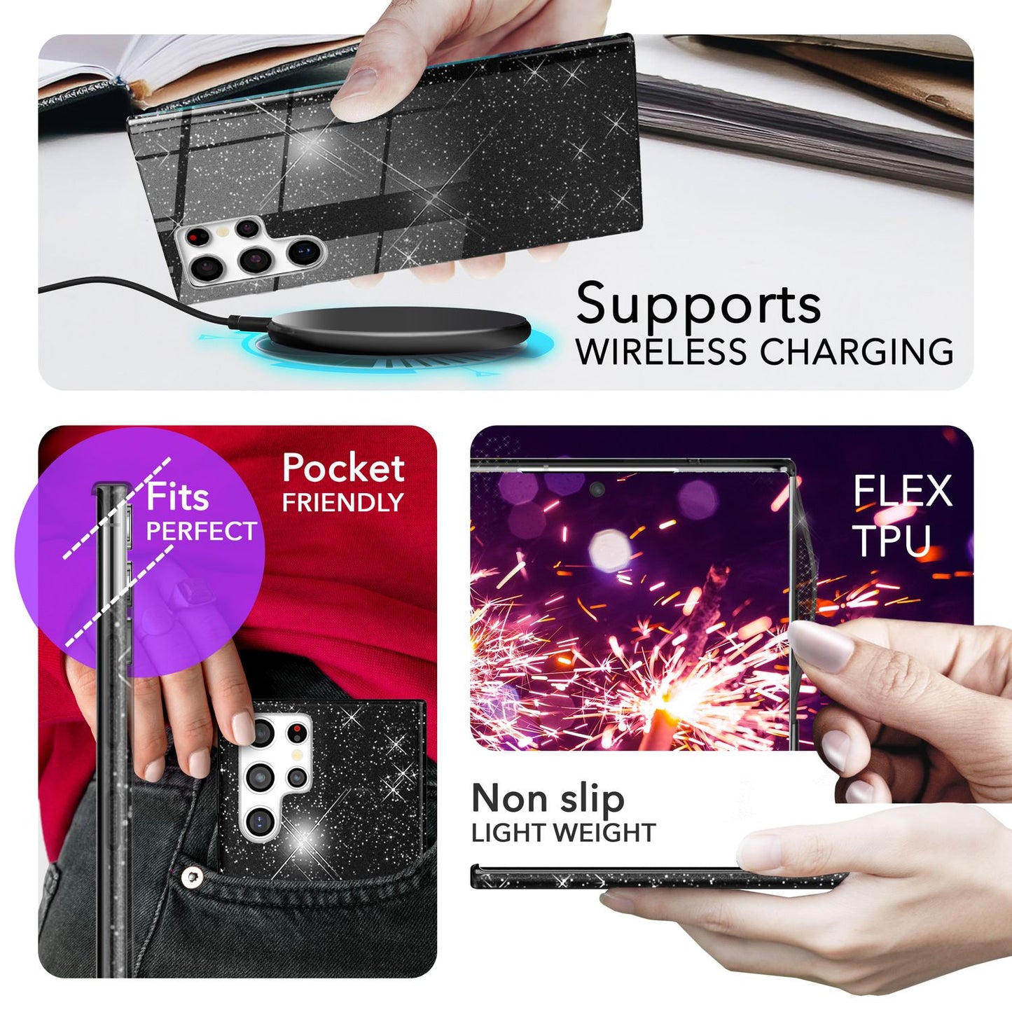 NALIA Hybrid Glitzerhülle für Samsung Galaxy S24 Ultra Hülle, Glänzende Glitzer Schutzhülle mit verstärktem Silikon