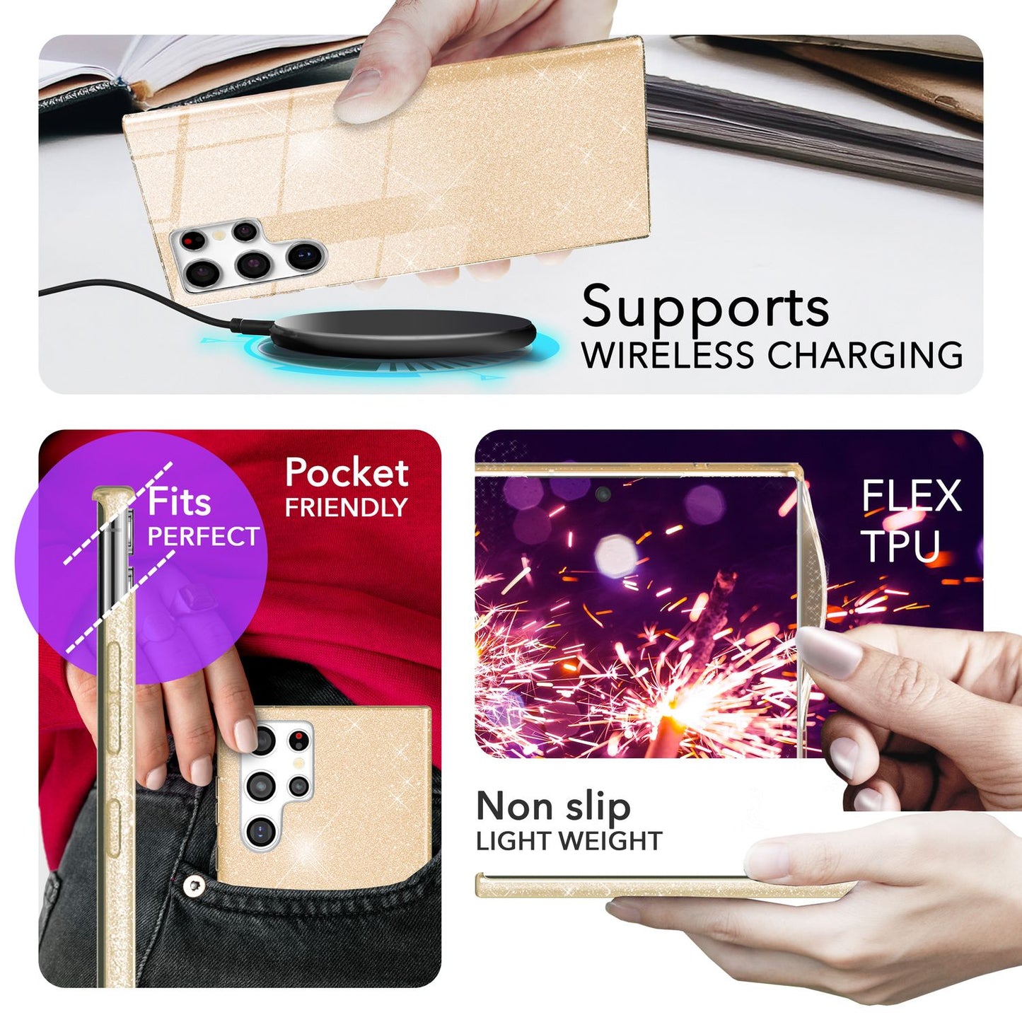 NALIA Hybrid Glitzerhülle für Samsung Galaxy S24 Ultra Hülle, Glänzende Glitzer Schutzhülle mit verstärktem Silikon