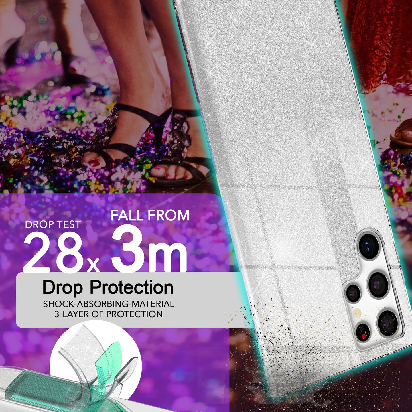 NALIA Hybrid Glitzerhülle für Samsung Galaxy S24 Ultra Hülle, Glänzende Glitzer Schutzhülle mit verstärktem Silikon