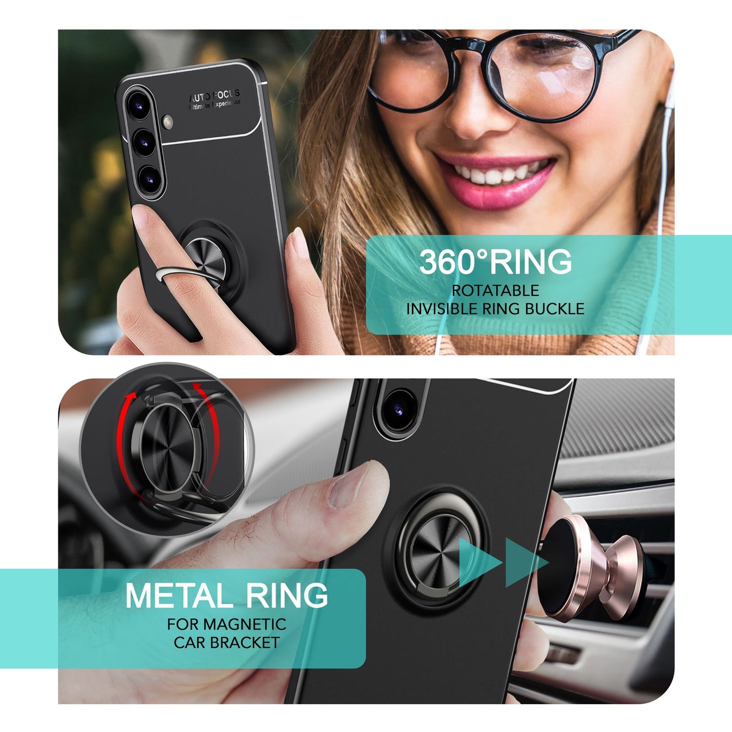 NALIA Matt-Schwarze Ringhülle für Samsung Galaxy S24 Hülle, Rutschfeste Silikon Schutzhülle mit 360-Grad drehbarem Ring