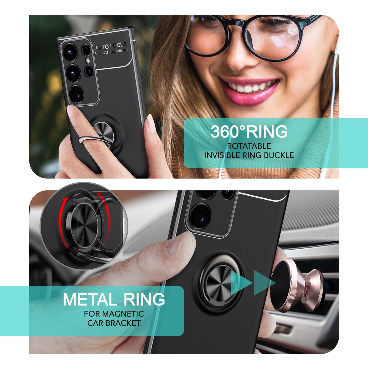 Husă NALIA Grip360 Ring pentru Galaxy S24 Ultra - Husă din silicon, suport inelar 360°, negru mat