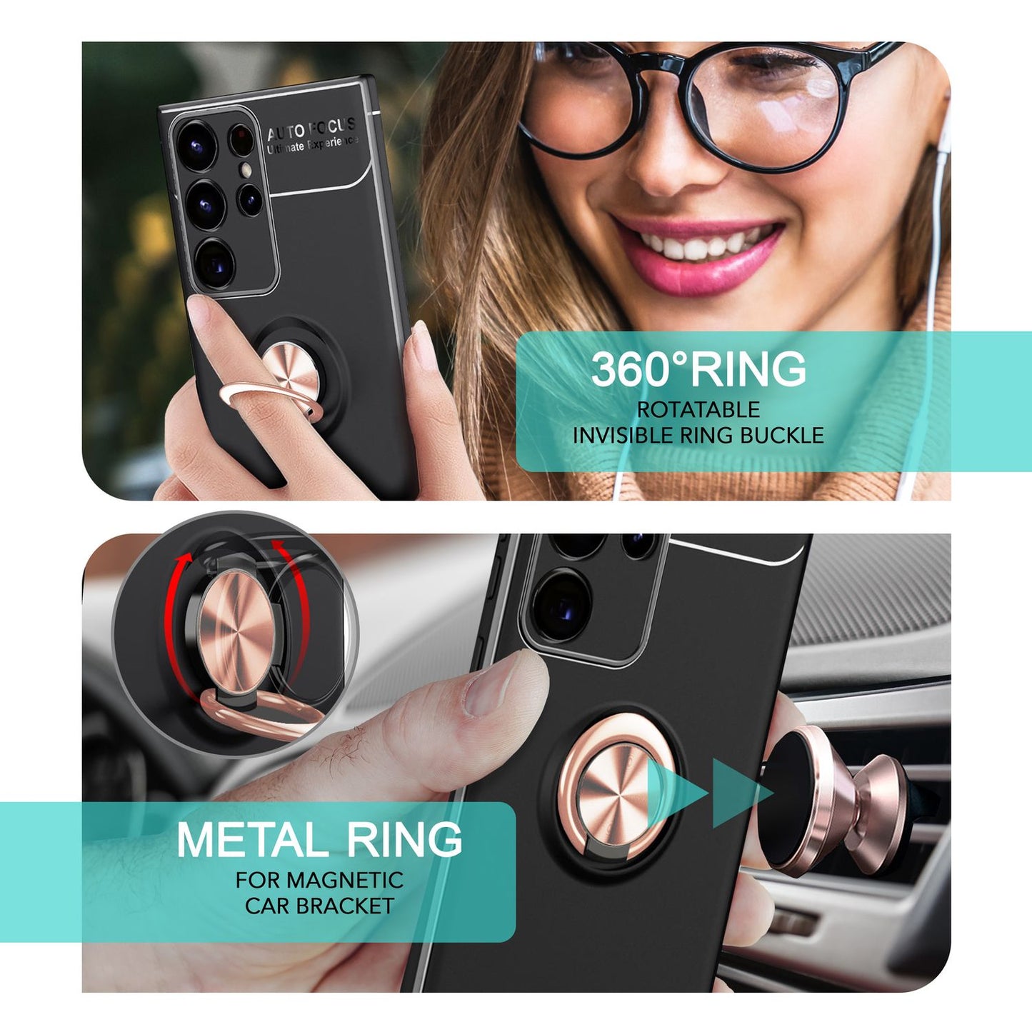 Husă NALIA Grip360 Ring pentru Galaxy S24 Ultra - Husă din silicon, suport inelar 360°, negru mat