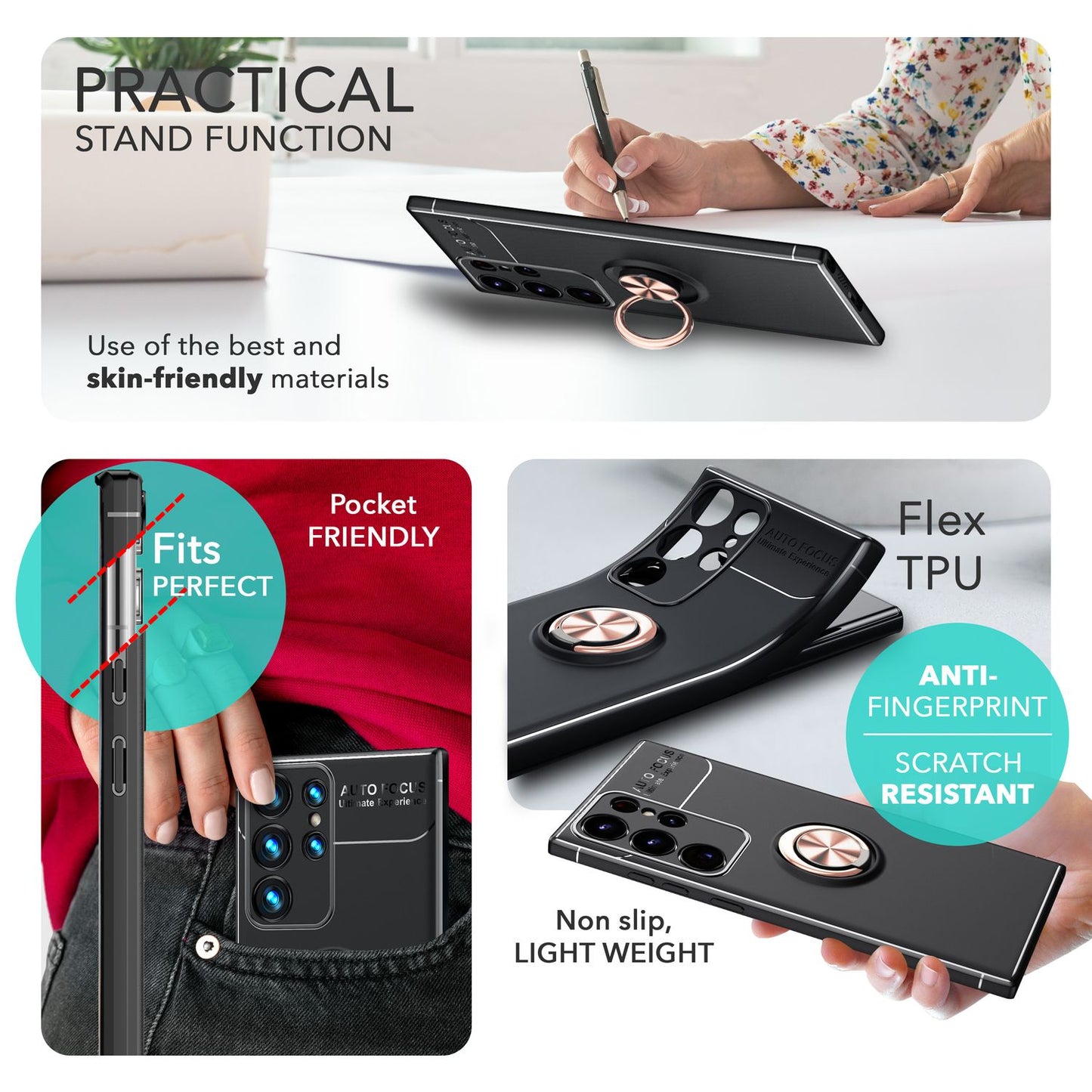 Husă NALIA Grip360 Ring pentru Galaxy S24 Ultra - Husă din silicon, suport inelar 360°, negru mat