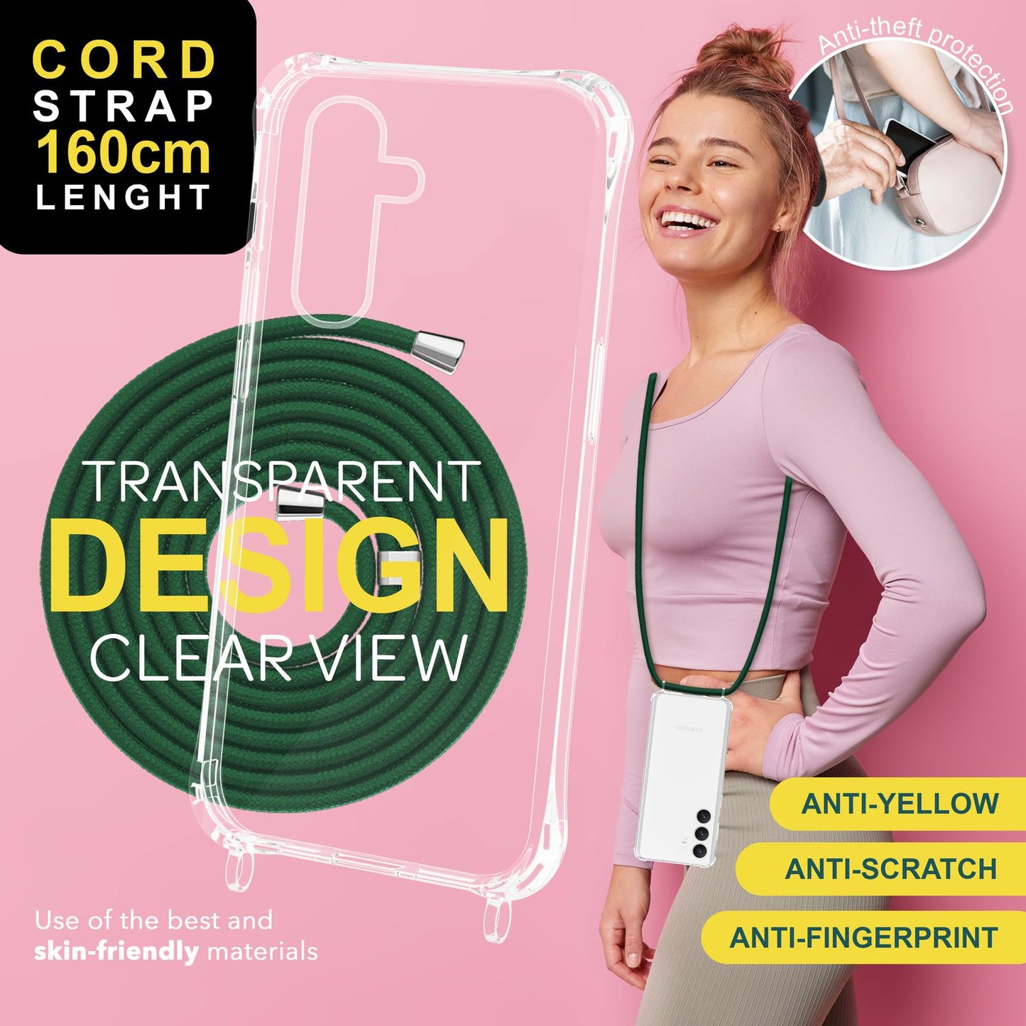 NALIA Husă de protecție transparentă cu lanț pentru Samsung Galaxy S24, husă de telefon transparentă și rezistentă cu curea pentru purtare în jurul gâtului