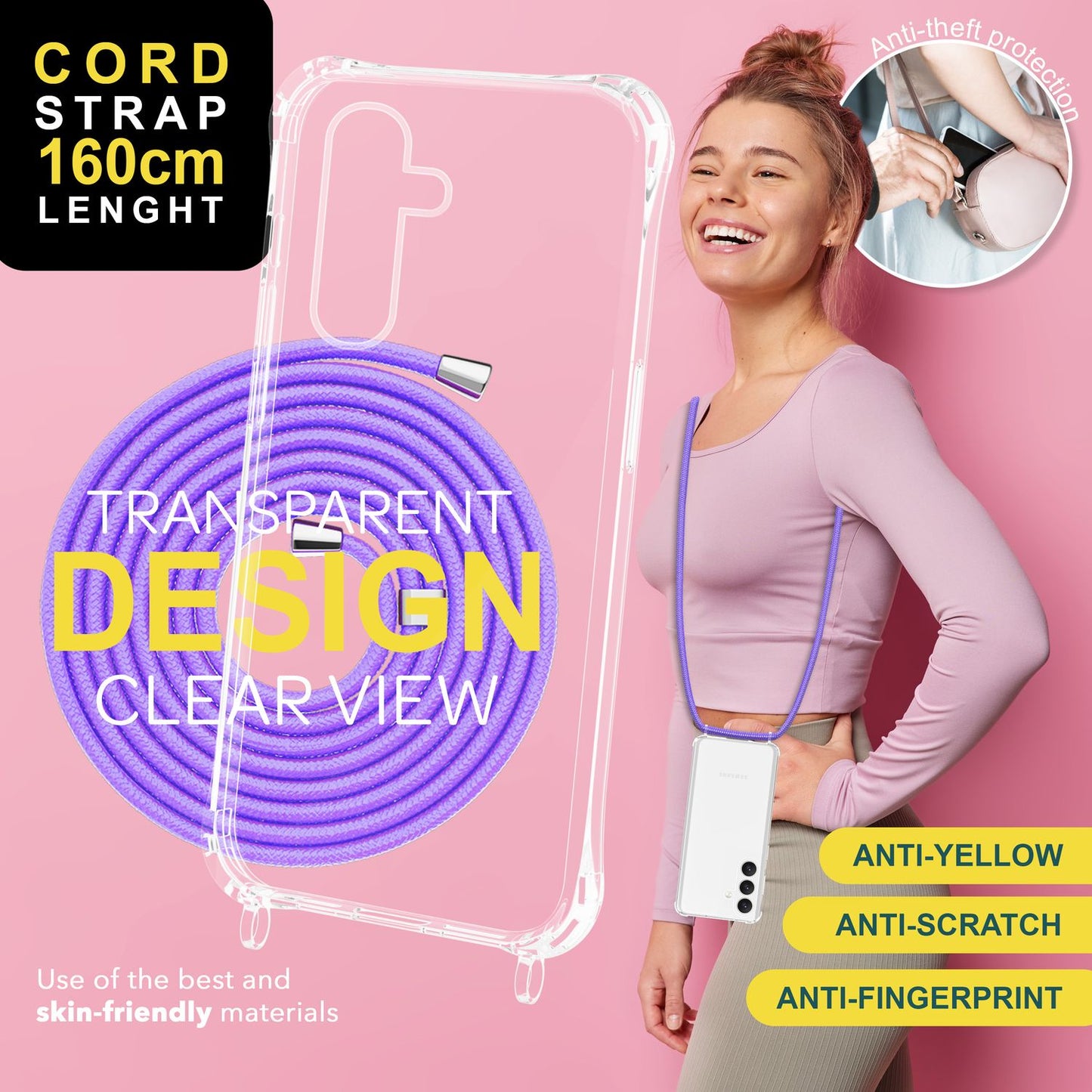 NALIA Husă de protecție transparentă cu lanț pentru Samsung Galaxy S24, husă de telefon transparentă și rezistentă cu curea pentru purtare în jurul gâtului