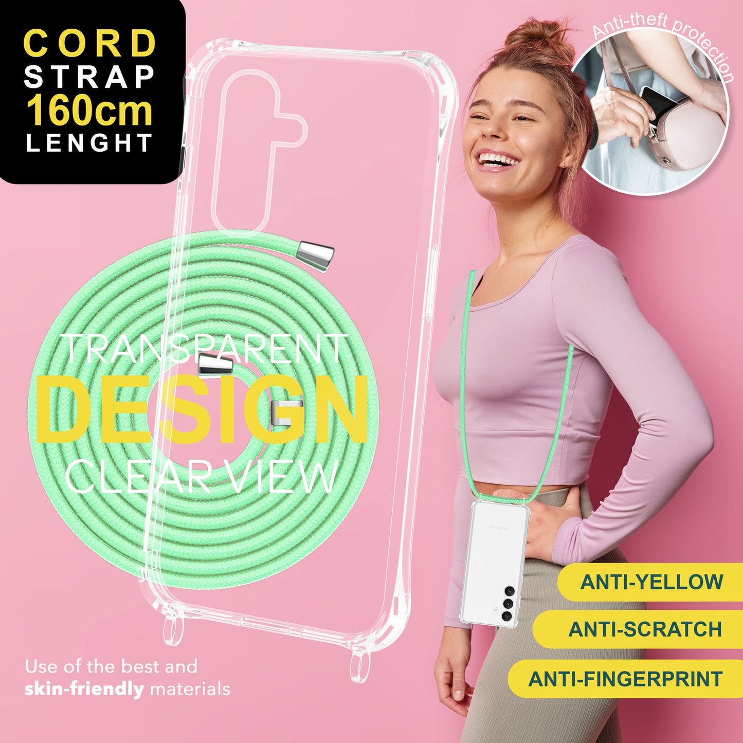 NALIA Husă de protecție transparentă cu lanț pentru Samsung Galaxy S24, husă de telefon transparentă și rezistentă cu curea pentru purtare în jurul gâtului