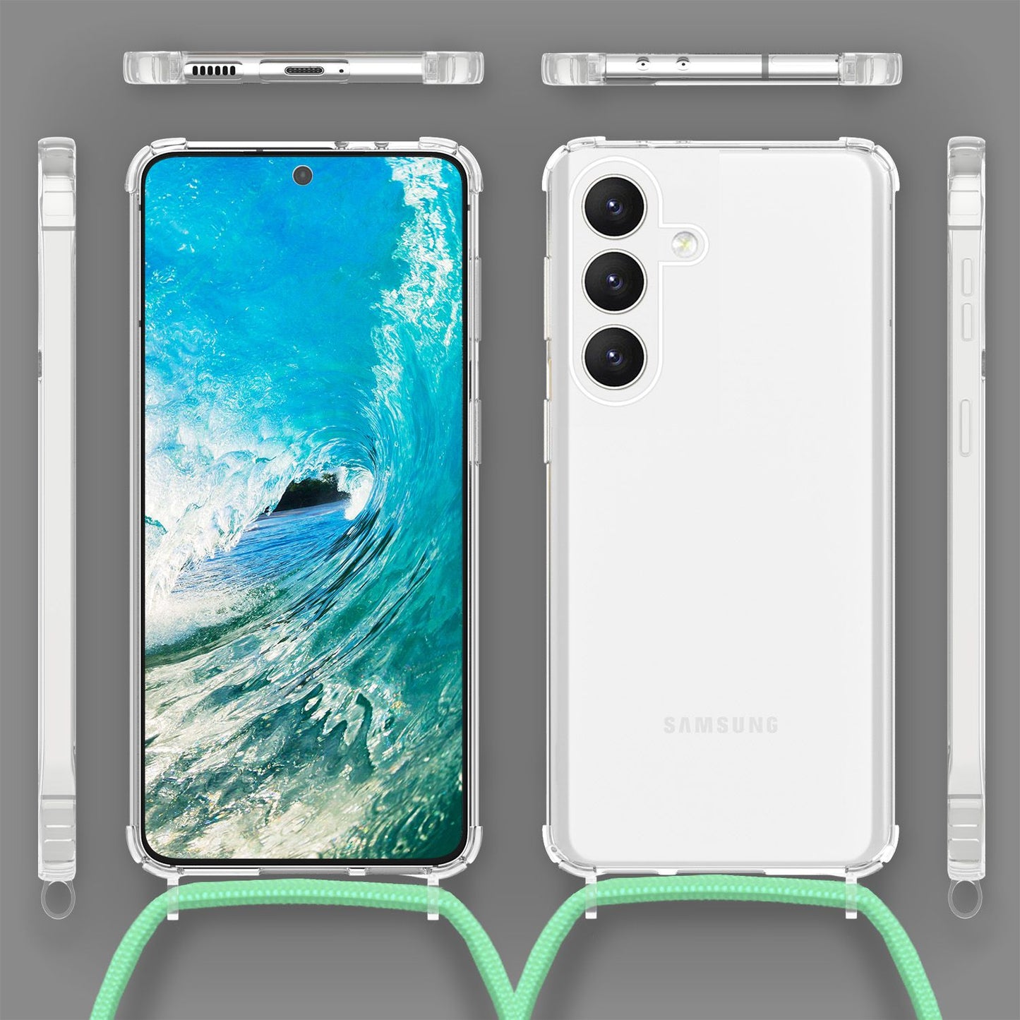 NALIA Husă de protecție transparentă cu lanț pentru Samsung Galaxy S24, husă de telefon transparentă și rezistentă cu curea pentru purtare în jurul gâtului