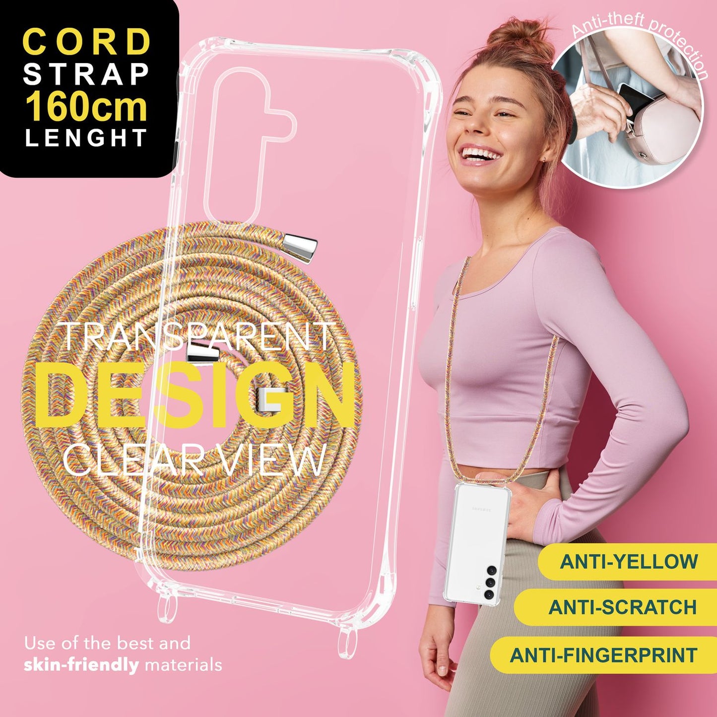 NALIA Husă de protecție transparentă cu lanț pentru Samsung Galaxy S24, husă de telefon transparentă și rezistentă cu curea pentru purtare în jurul gâtului